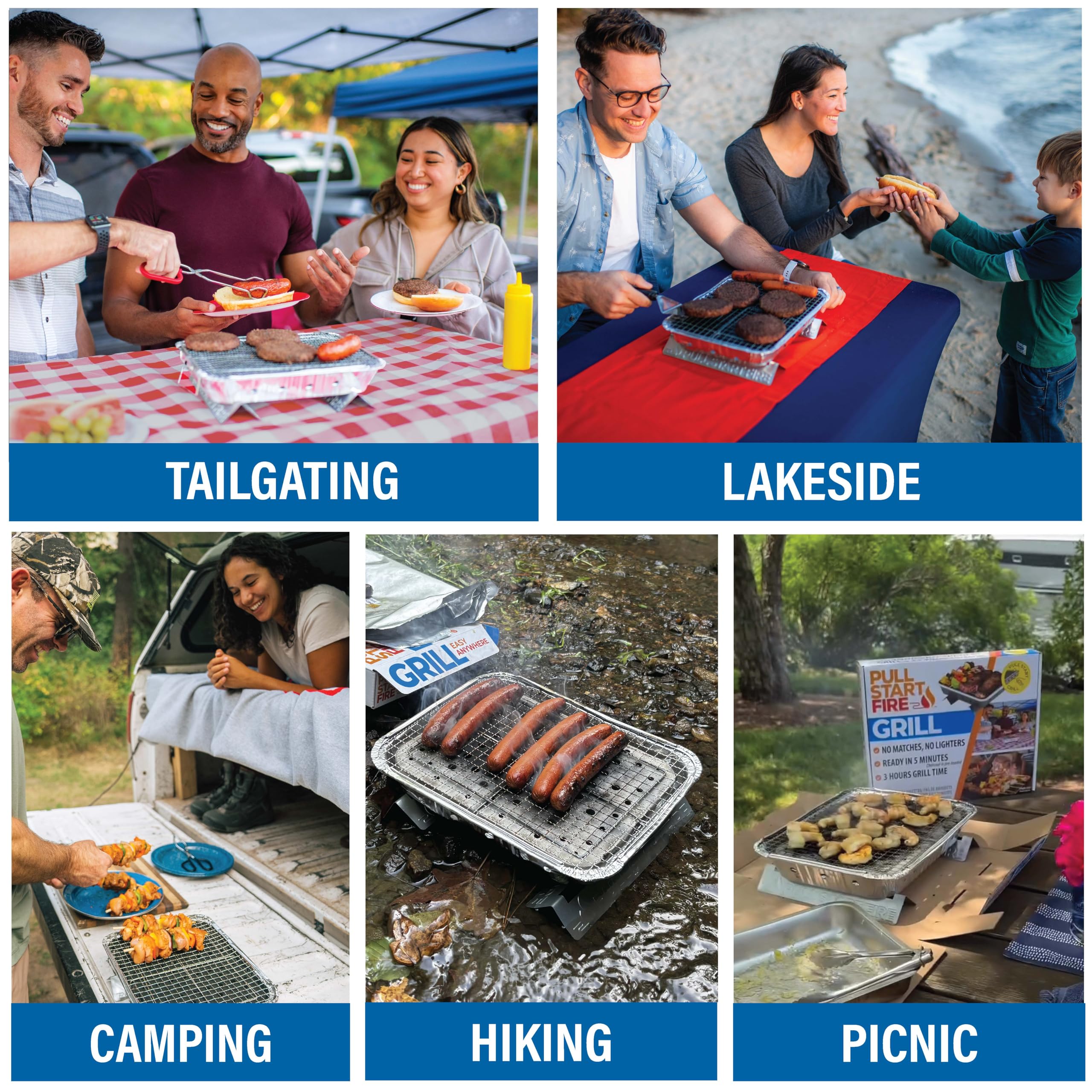 Fire Grill Pull Start | Portable Disposable Charcoal BBQ with Pull Start Matchless Ignition | Ready in 5 Min, 3 Hour Burn | Camping, Tailgating, Outdoor Cooking, No Cleanup Needed