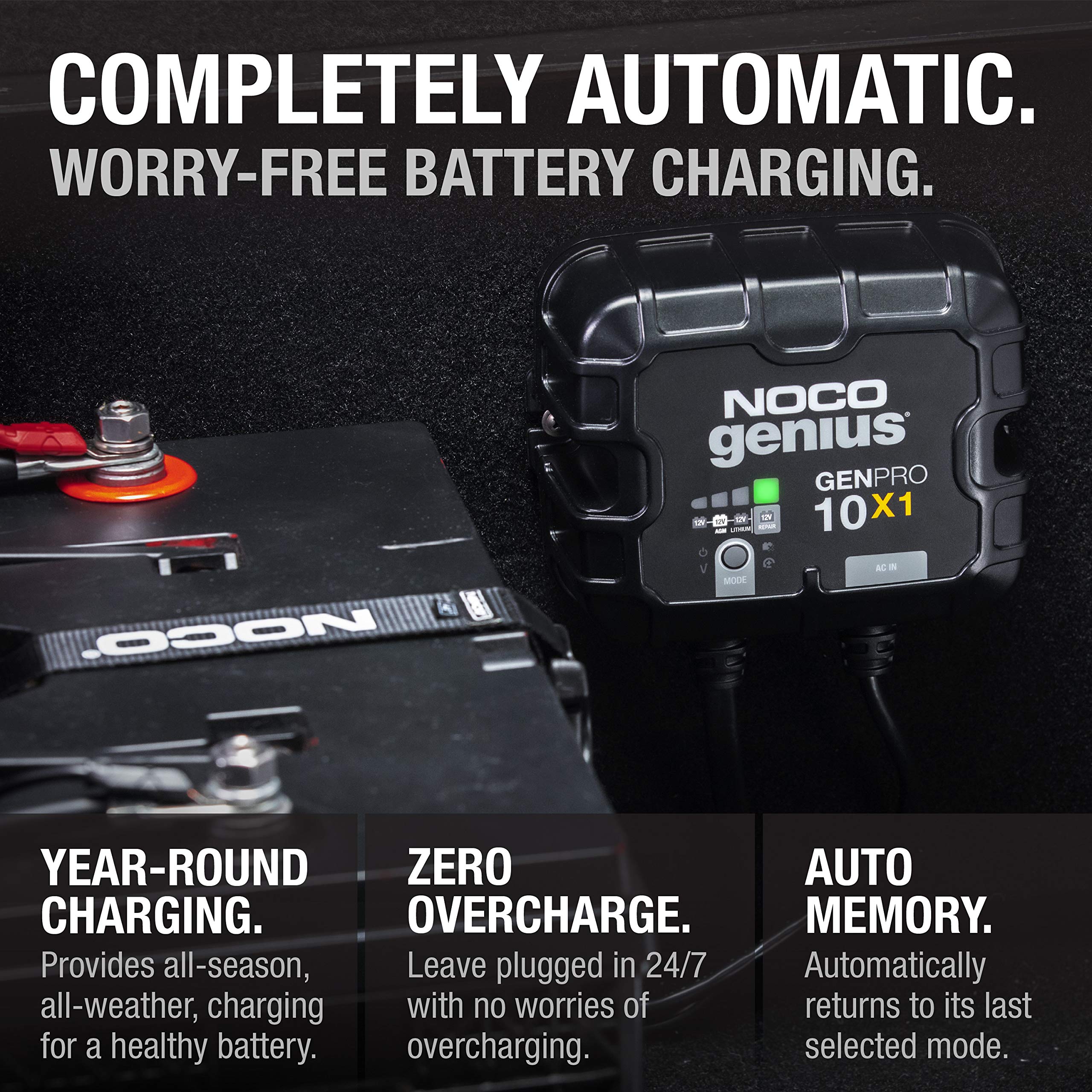 GENPRO10X1 NOCO Genius: 1-Bank, 10A Onboard Battery Charger - 10A Per Bank, 12V Waterproof Marine Charger with Overcharge Protection & Temperature Compensation – for Lead-Acid & Lithium Batteries