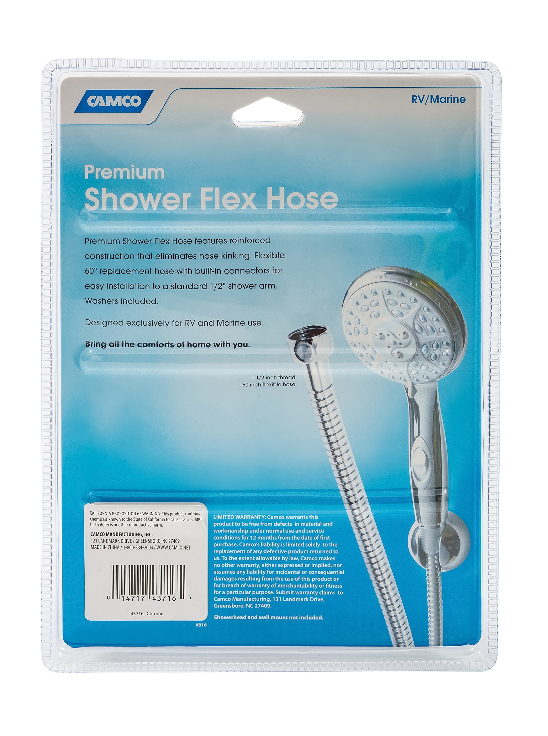 60" Camco Replacement RV/Marine Flexible Shower Head Hose (Chrome)
