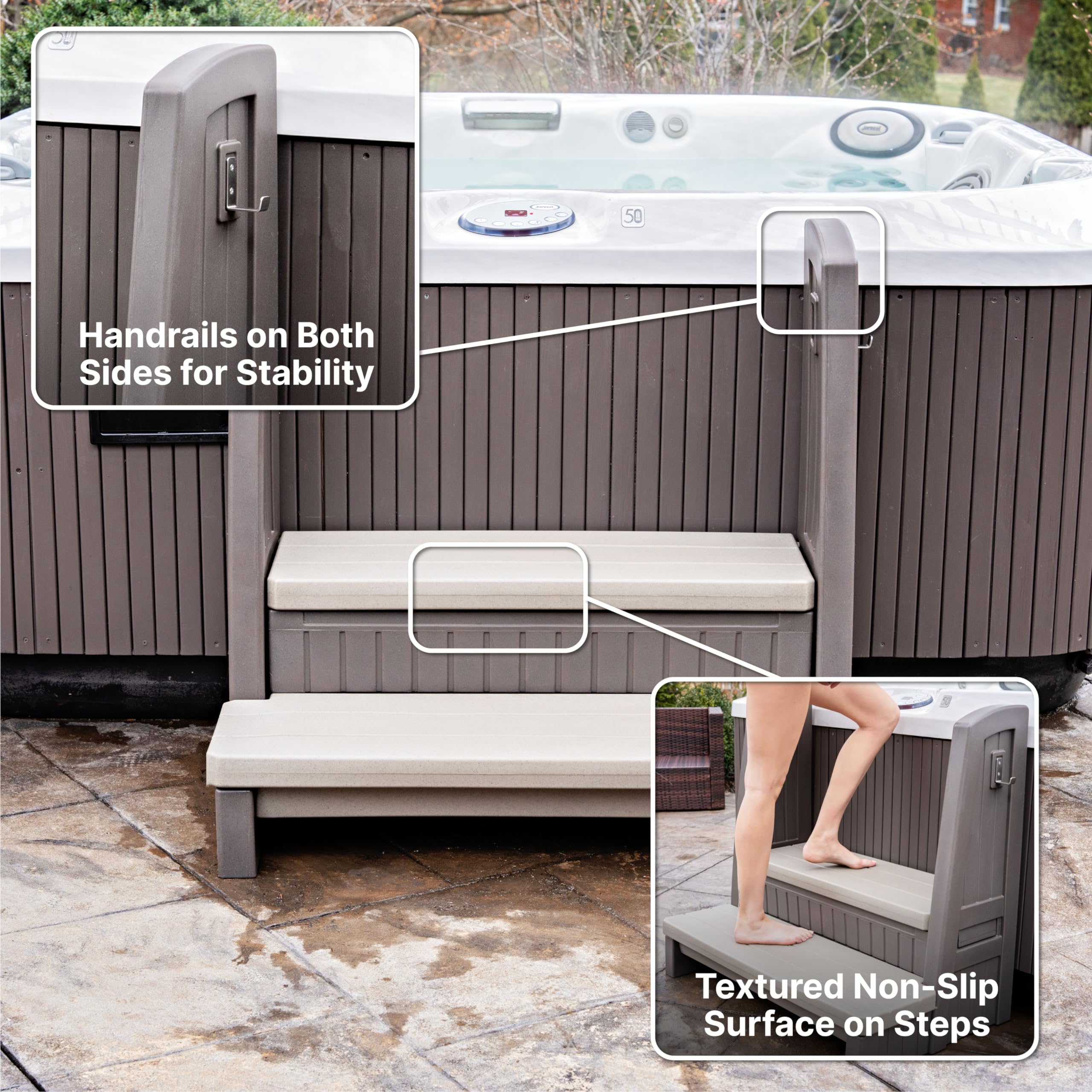 Step2 Storage Hot Tub Steps with Handrails, 2-Step Stool, Waterproof Stairs for Outdoor/Indoor Pool or Jacuzzi, Made of Durable Plastic, Dark Cedar