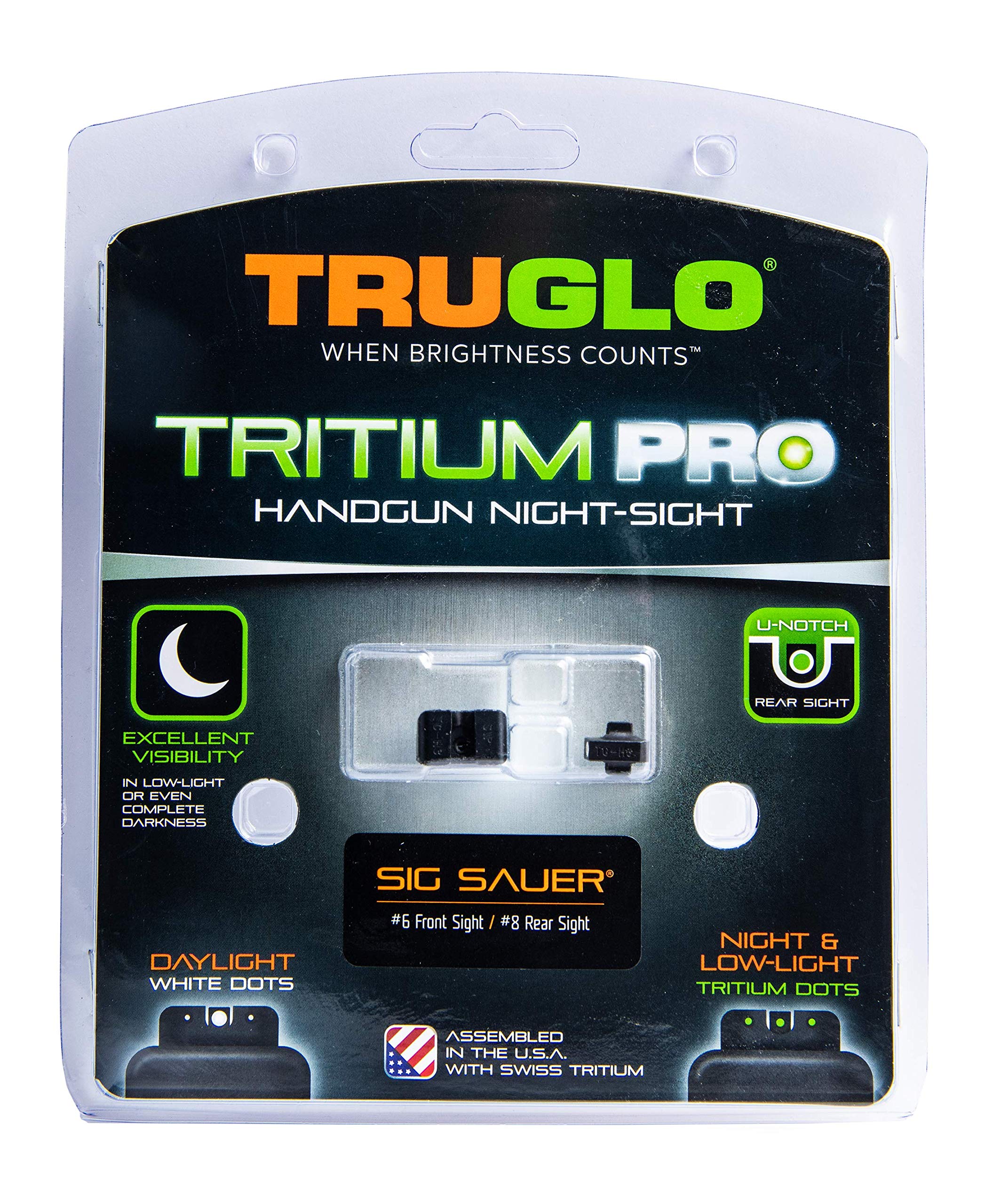 Tritium Pro TRUGLO Night Sights, Compatible with Sig Sauer #6 Front / #8 Rear | Compact Durable Glow-in-The-Dark Front & Rear Gun Sights with White Focus Lock Front Ring