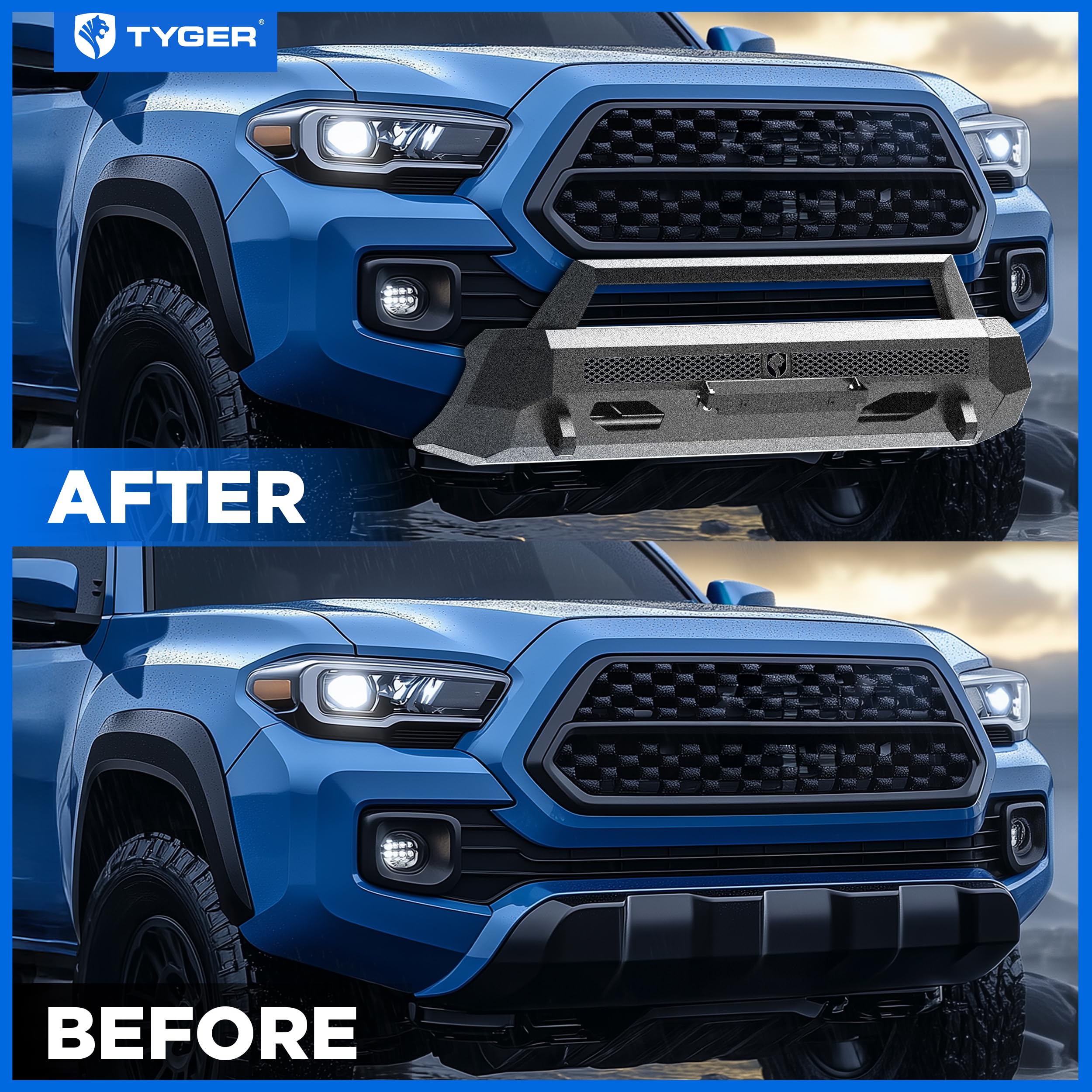 Tyger Auto Fury Bumper Center Guard Compatible with 2016-2023 Toyota Tacoma | Winch Plate | D-Ring | Textured Black | Rock Crawler | TG-BP7T20567