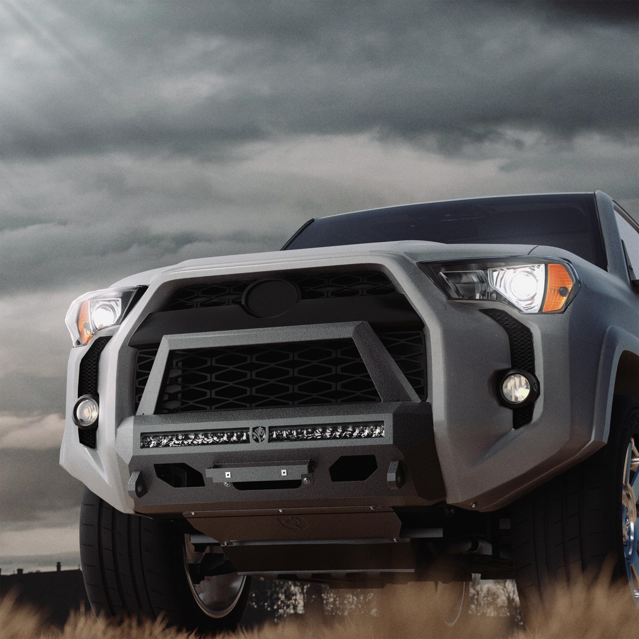 Tyger Auto Fury Bumper Center Guard + Light Bar Compatible with 2014-2024 Toyota 4Runner (Exclude Limited; Nightshade; TRD Sport) | Winch Plate | D-Ring | Textured Black | Rock Crawler | TG-BP7T32428