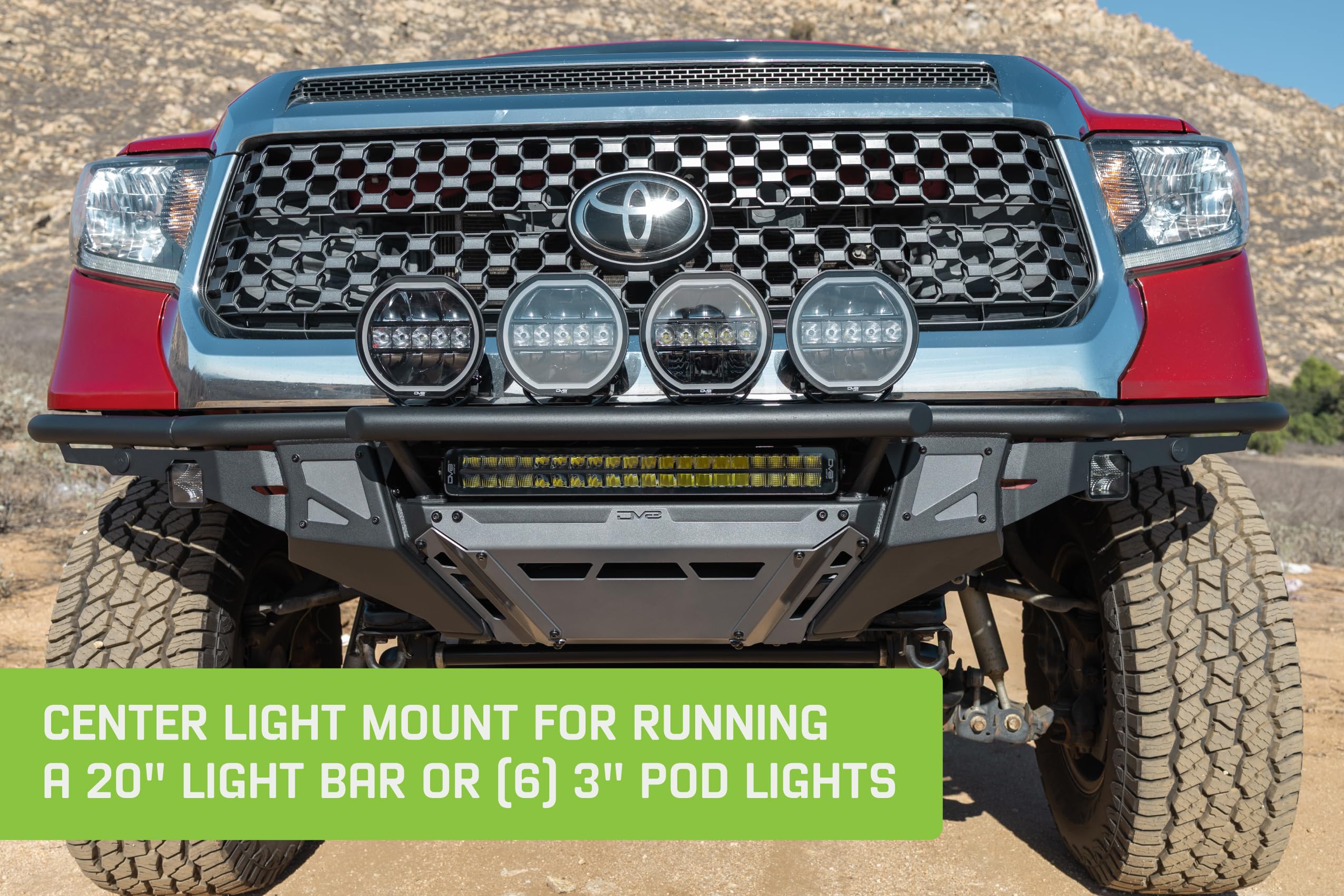 Offroad DV8 Tube Front Bumper for 2014-2021 Toyota Tundra | Blend of High-Speed Desert & Rock Crawling Styles | Center Light Mount | Push Bar w/Integrated Light Mounts | High-Clearance Design | Steel