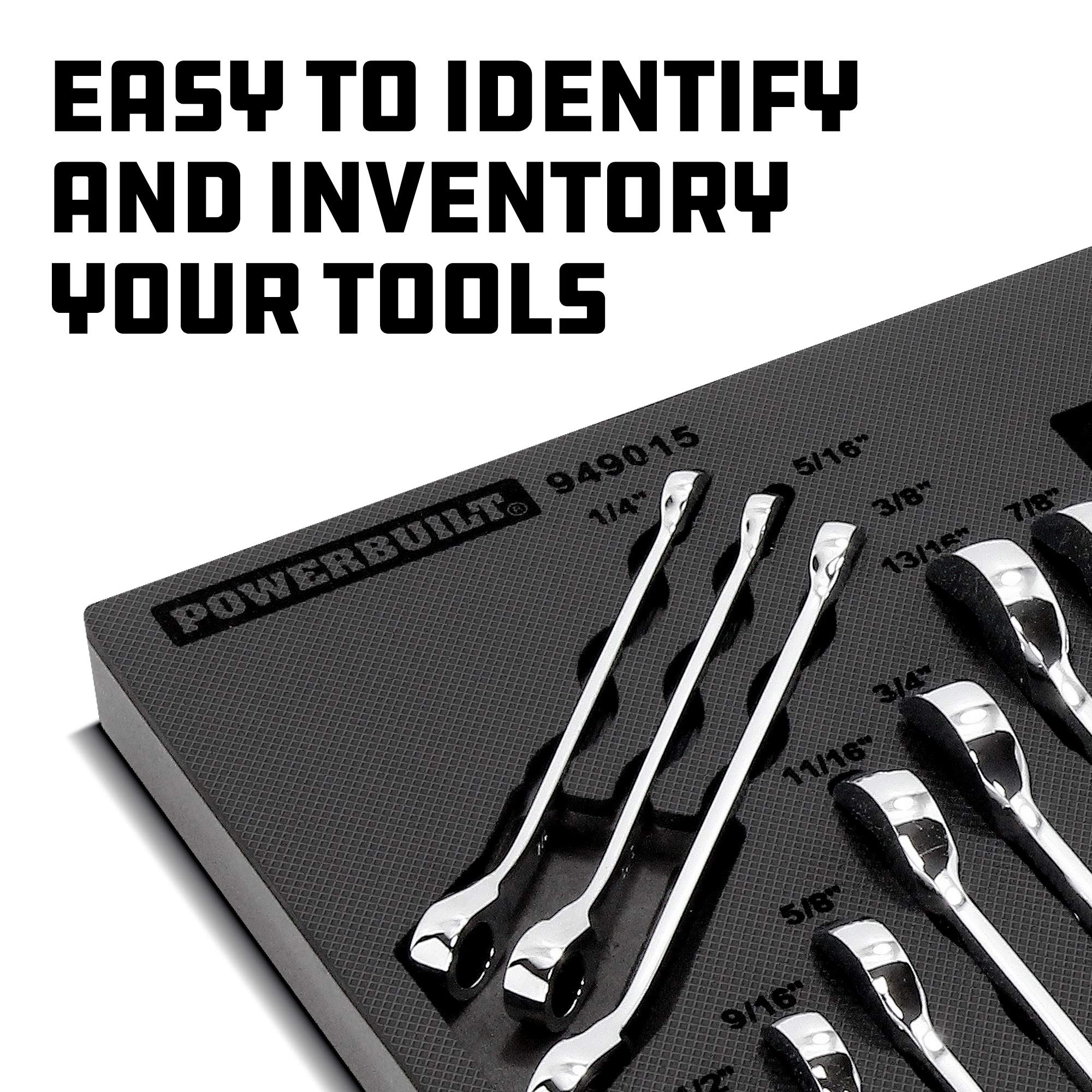 Powerbuilt Reversible SAE Ratcheting Wrench Set, 11 Piece, 72 Tooth Switch Control, 5 Degree, Non-Slip Open End, Storage Tray - 949015