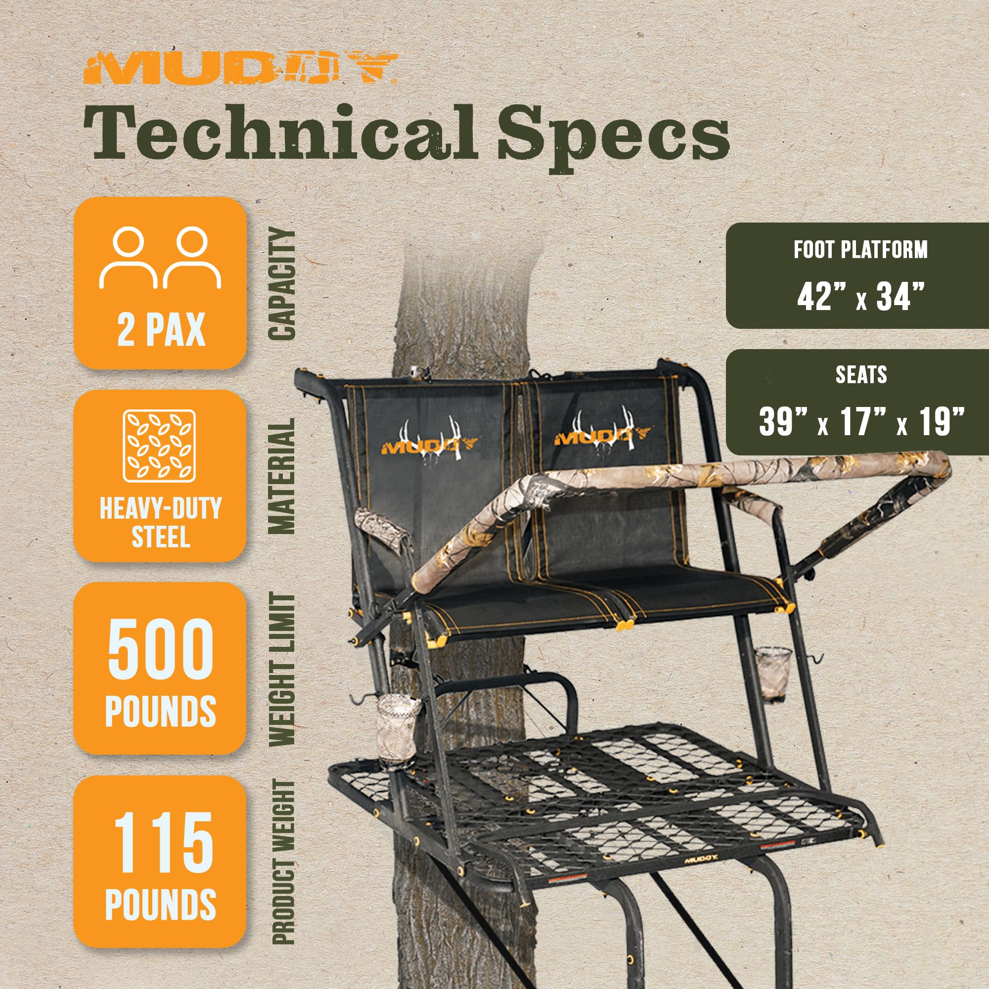 2-Person MUDDY Nexus XTL Steel Ladder Tree Stand, 20 ft Tall, 500 lb Capacity - Heavy-Duty Hunting Treestand with Flex-Tek Seat, Footrest, Padded Shooting Rail, Cup Holders & Safety Hooks