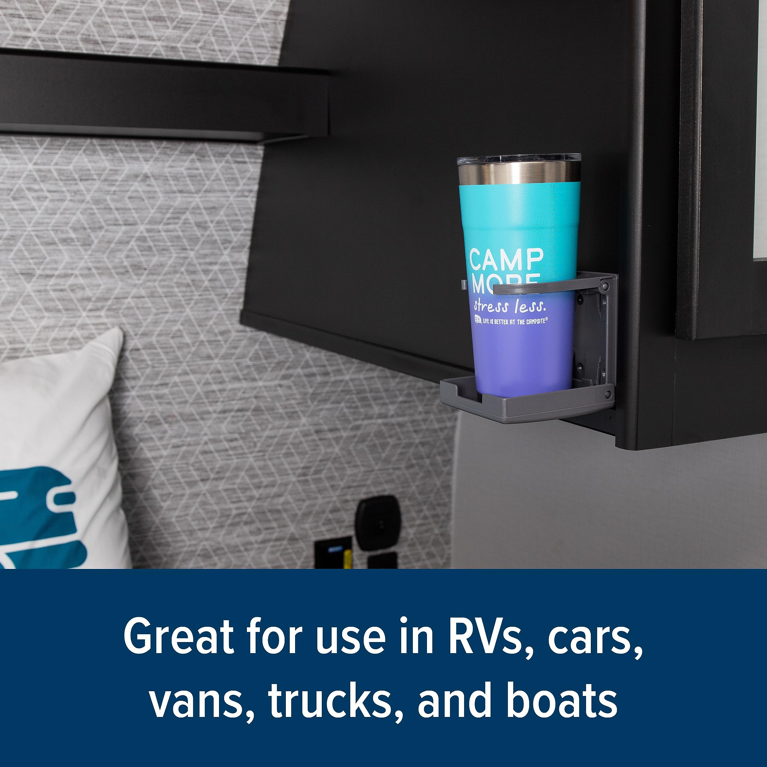 Camco Drink Holder Camper/RV - Features Adjustable Space-Saving Design & Holds Almost Any Size Mug, Cup, Bottle or Can - Extra Cup Holder for Cars, Trucks, RVs, Vans, Boats, and More - Gray (44041)