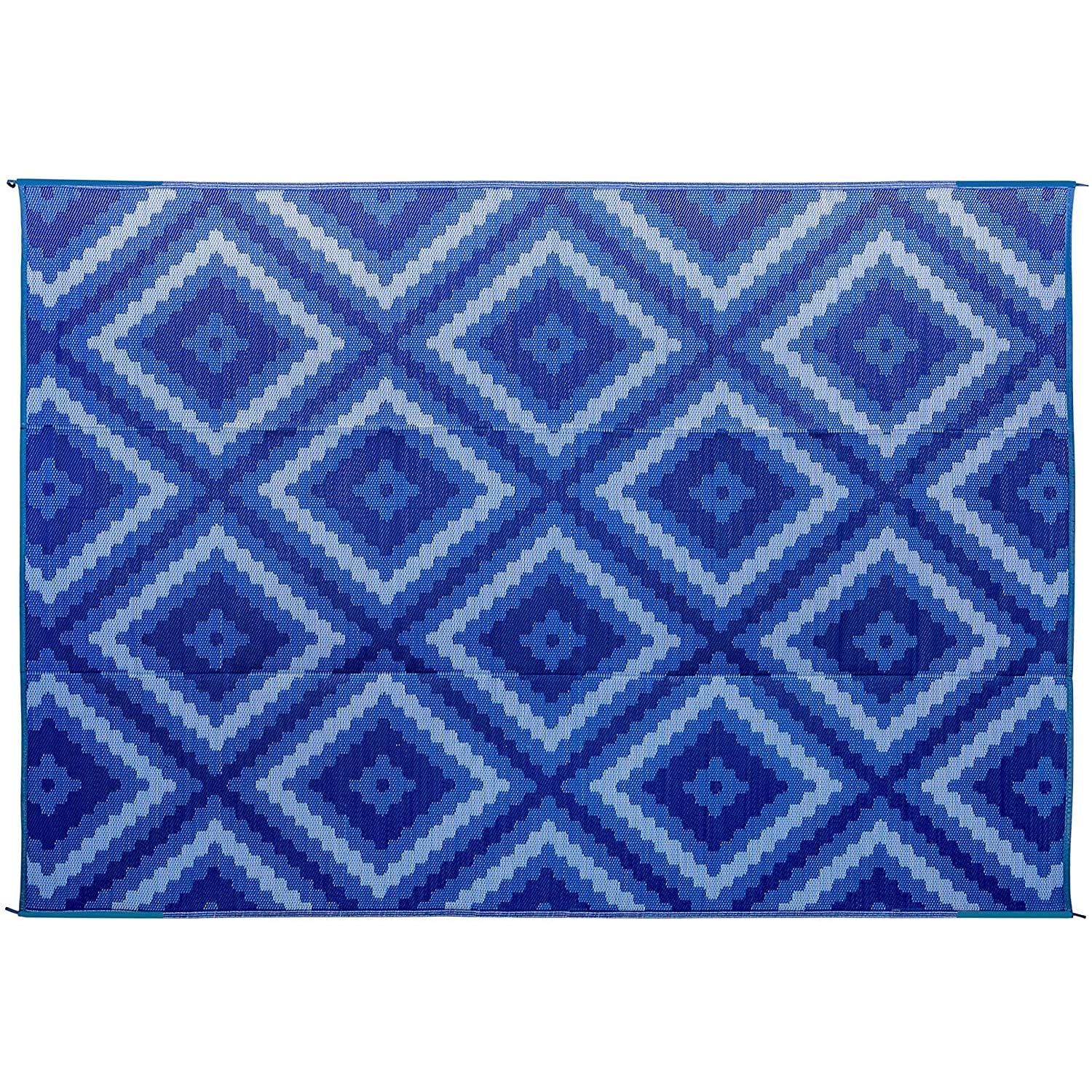 Camco Outdoor Rug | Blue & White Zig Zag Diamond Design Features Reversible | Made of Lightweight Breathable Material | Measures 9’ x 12’ & Folds for RV Storage and Organization (42866)
