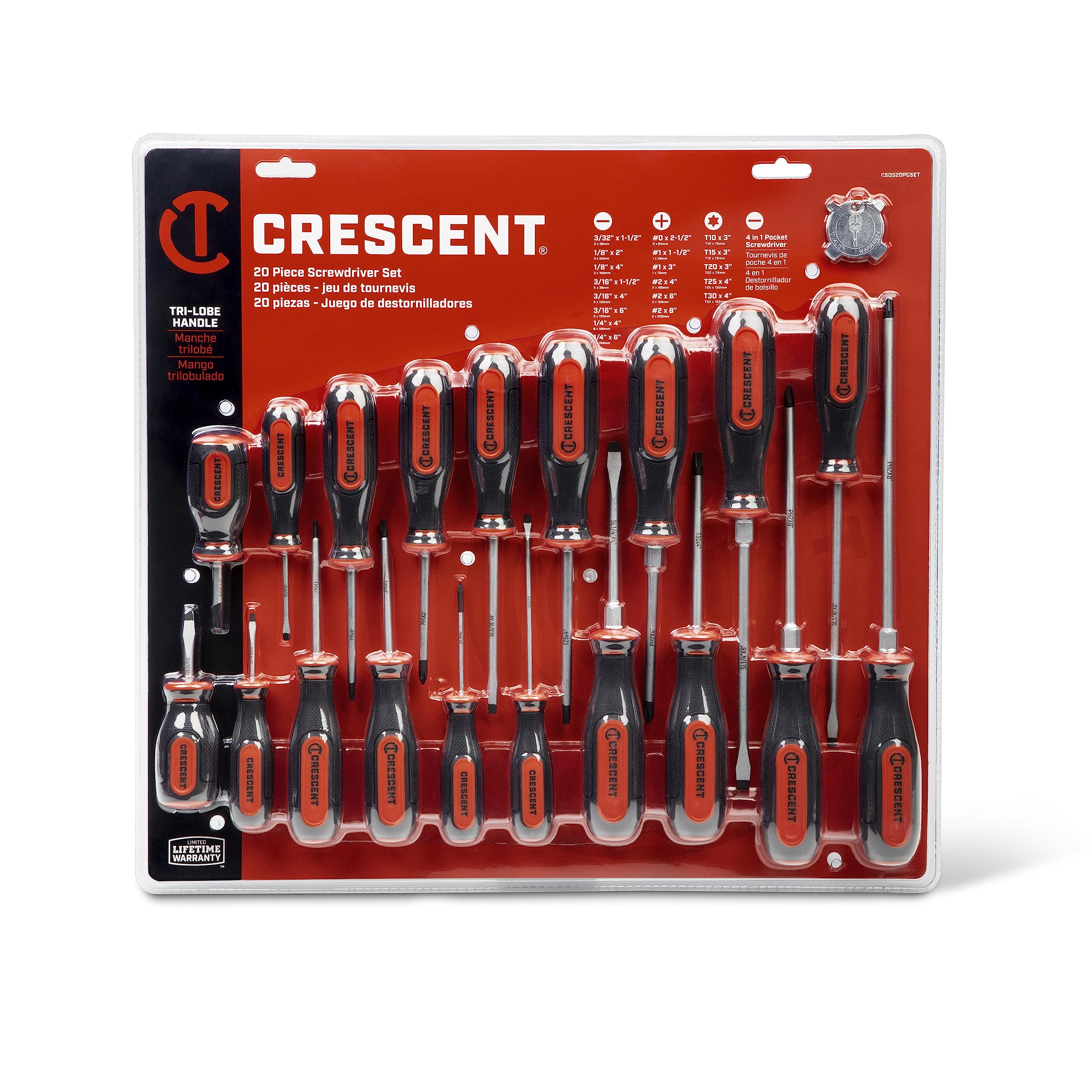 20 Pc. Crescent Dual Material Screwdriver Set with Phillips, Torx, Slotted, and 4-in-1 Pocket Screwdrivers - CSDS20PCSET
