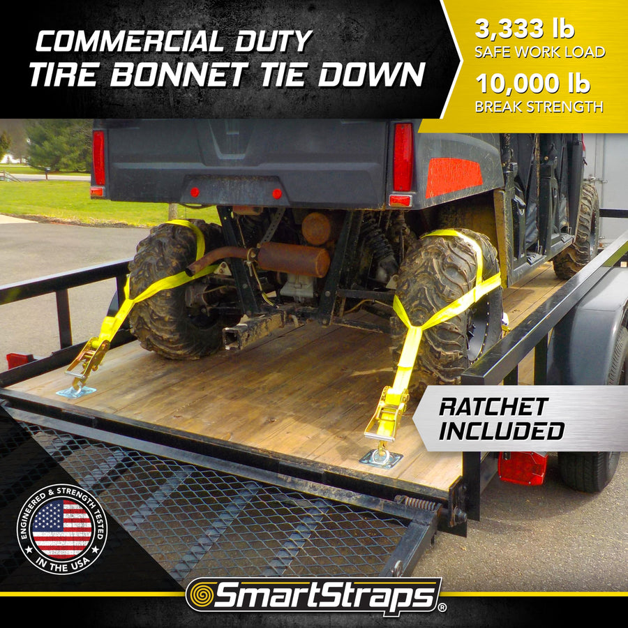 Tire Bonnet Ratchet Straps SmartStraps — Commercial Duty Tire Bonnet Tie Down with Ratchet — 10,000lb Break Strength, 3,333lb Safe Load — Haul Equipment, Tractors and Vehicles, Small, Yellow, 1 Pack