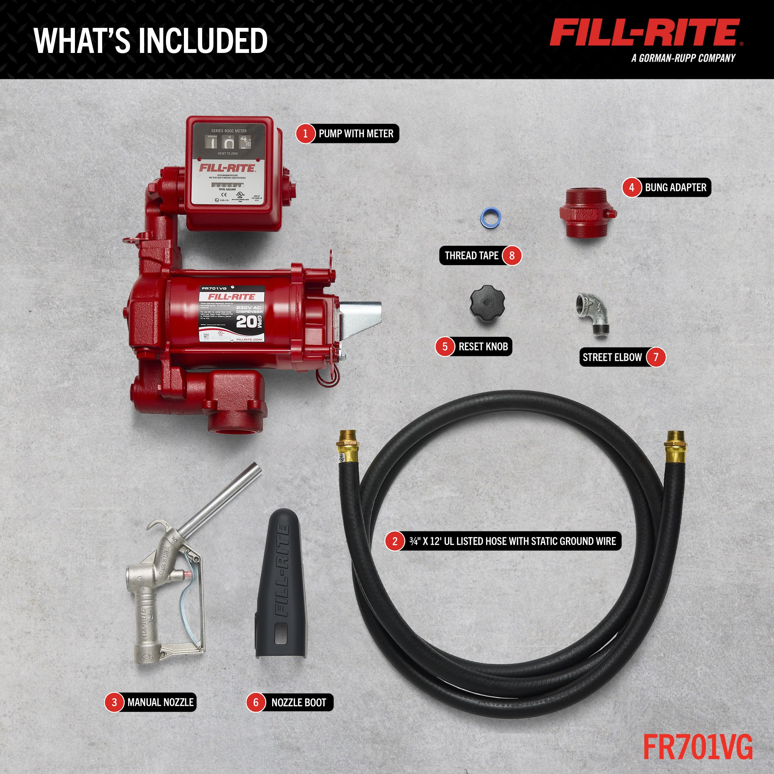 Fill-Rite 220V FR700VG AC Pump, 3/4"x12' Hose, 1" Manual Nozzle