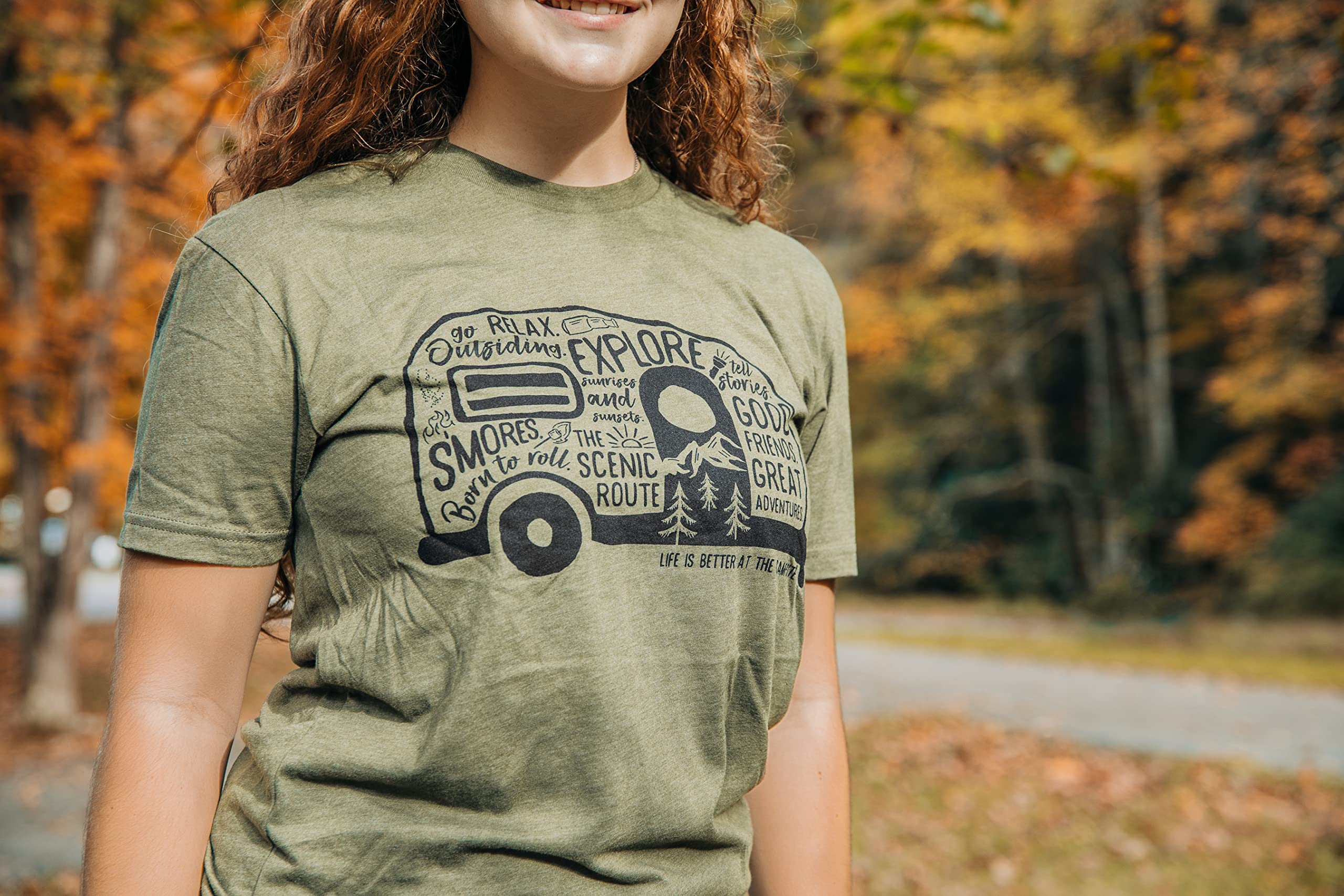 Camco Crew Neck Life is Better at The Campsite Short Sleeve T-Shirt | Features Soft Ring-Spun Cotton Fabric, Graffiti RV Design on Olive, and is Machine Washable | XX-Large (53344)