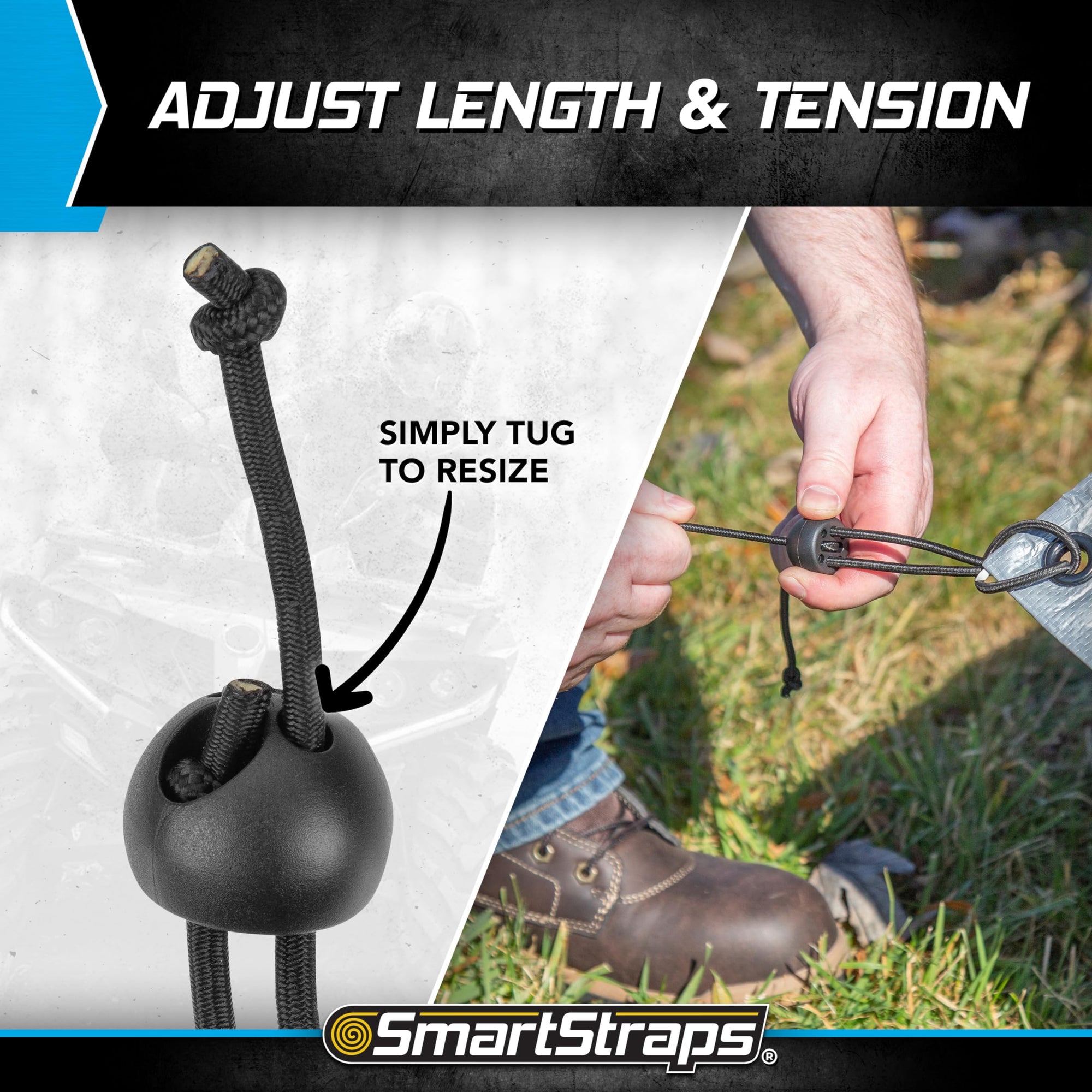 Adjustable SmartStraps Toggle Ball Bungee Cord, Adjust Tension And Length From 2-12” – Great To Keep In Your Car, Boat And Workshop (pack of 8)