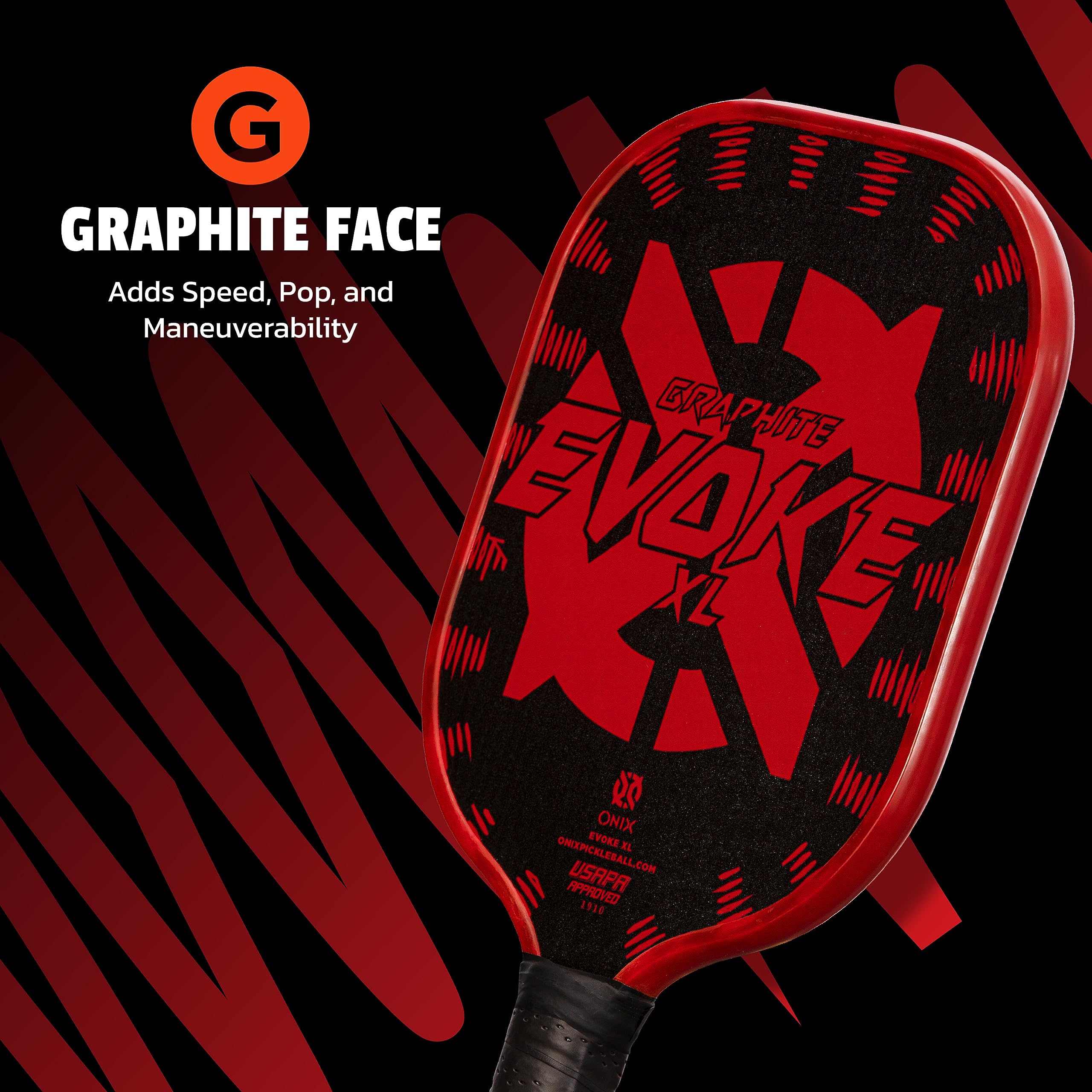 Graphite Onix Evoke XL Pickleball Paddle Features Polypropylene Core, Graphite Face, and Oversized Shape, Red