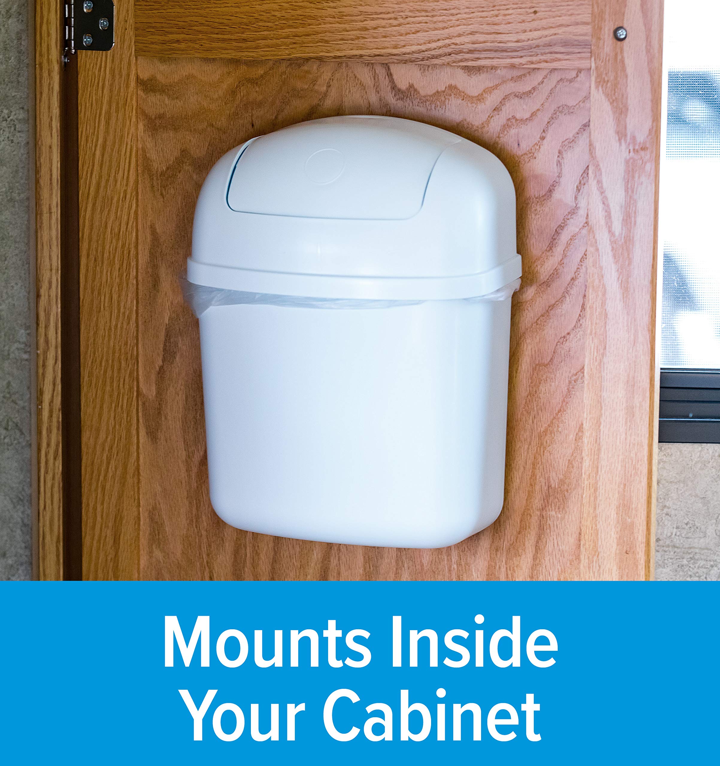 Camco Trash Can RV Cabinet Mount | Ideal for Tight Spaces in RVs, Boats, Dorms, Kitchens, Bathrooms, Laundry Rooms, and More | Spring-Top Lid | 3-Quart, White (43961)