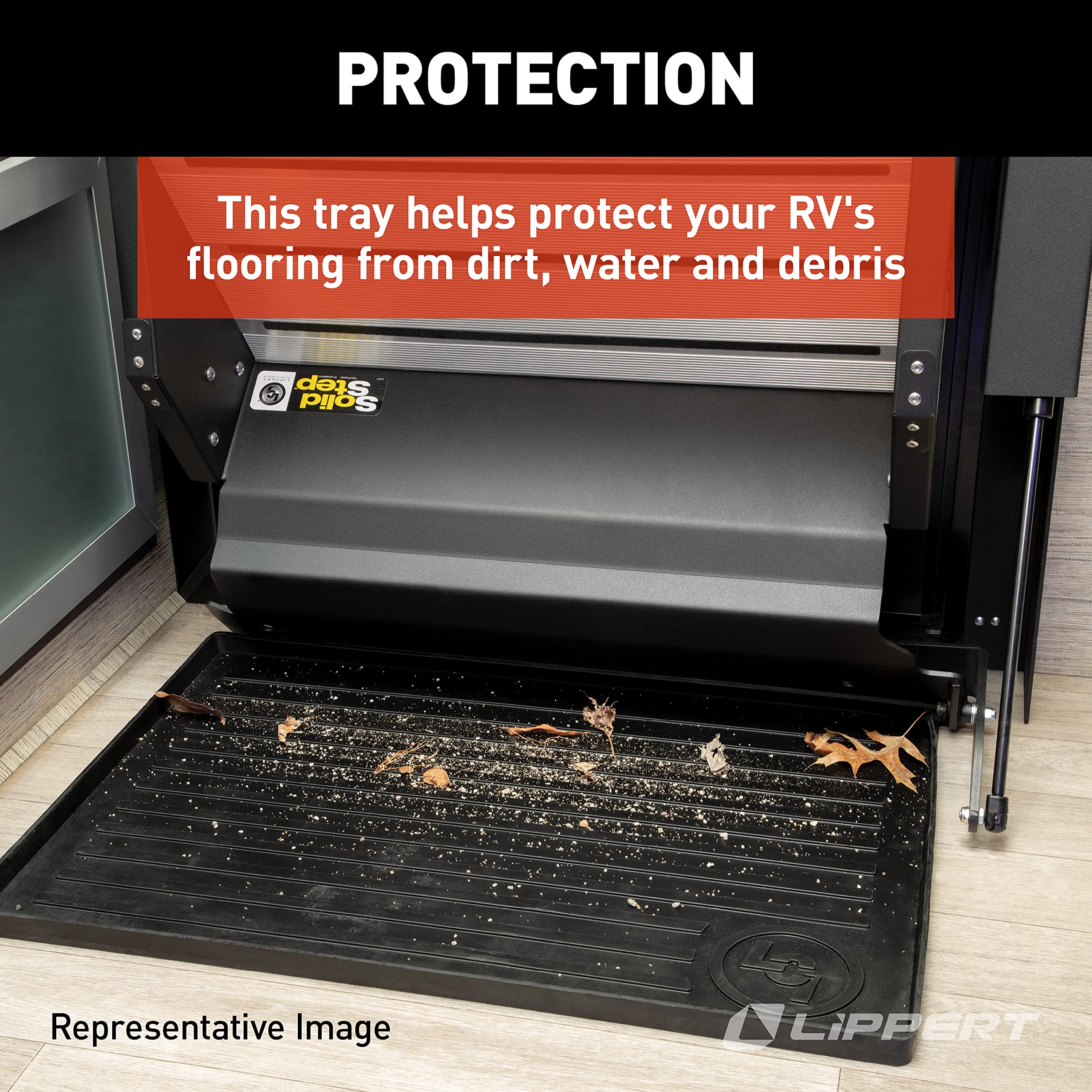 Lippert All-Weather Solid Step Entry Floor Tray, 28-1/4" W x 20" D, Heavy-Duty Recycled Rubber Mat for Indoor or Outdoor Door Entryway, for Shoes, Pet Dishes - 801380
