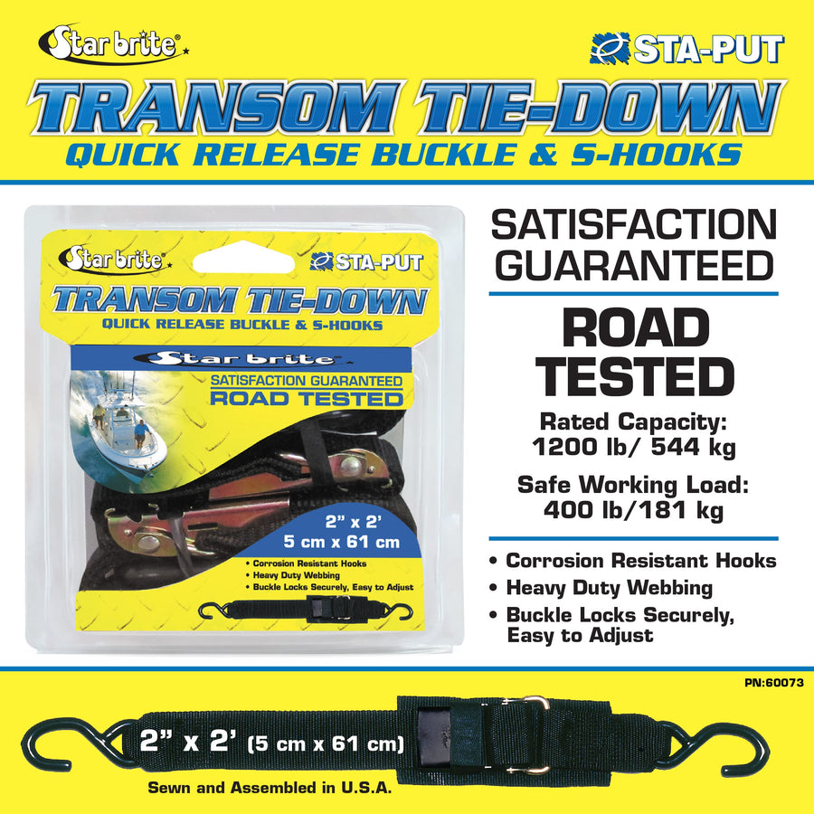 Transom Tie Down Straps STAR BRITE 2" x 2' – Heavy-Duty, Quick Release Buckle with Coated S Hooks, 1,200 LB Capacity, Black Nylon for Boat Trailer Security