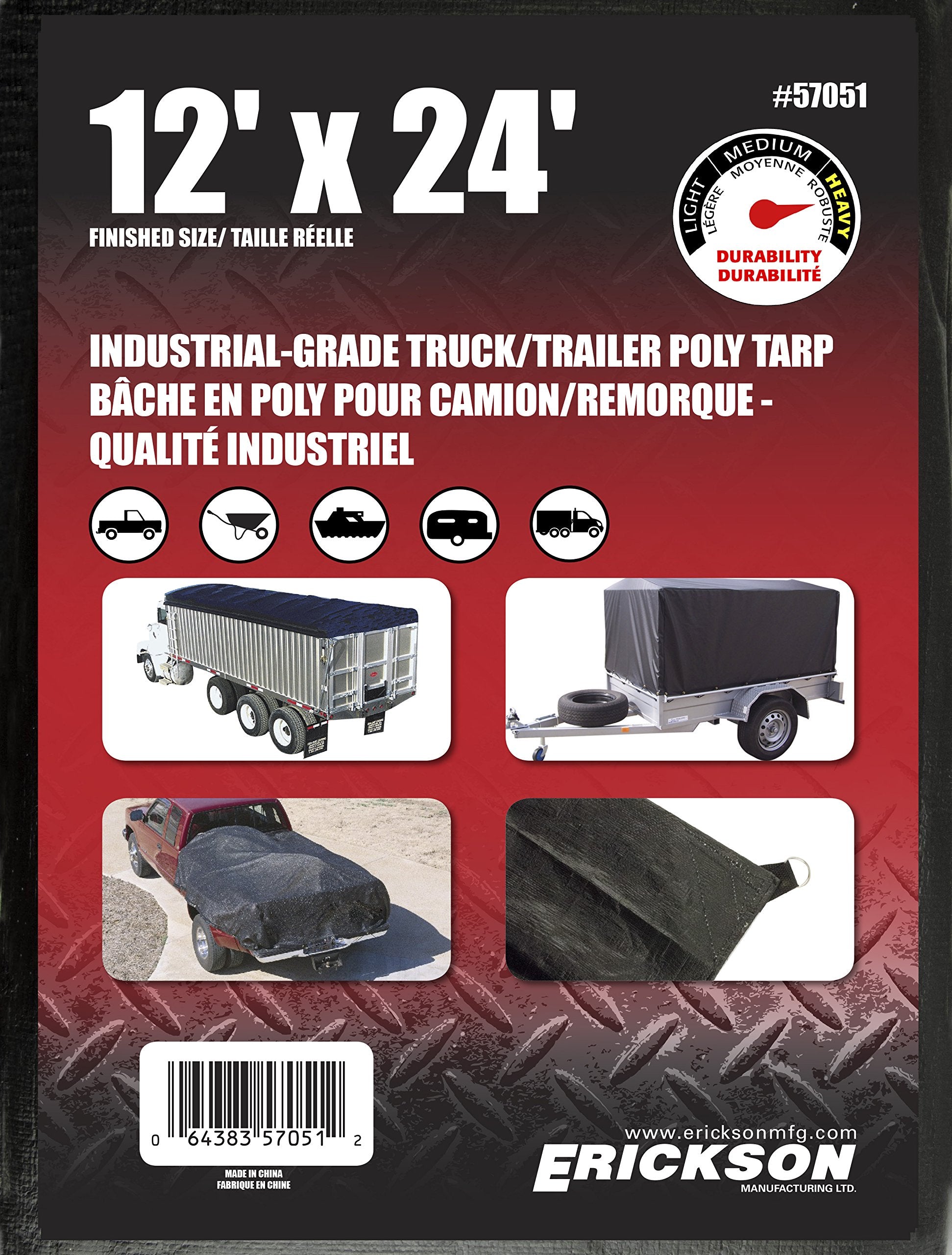 Black Erickson Industrial Grade Truck/Trailer Poly Tarp, 12' x 24', 1 Pack