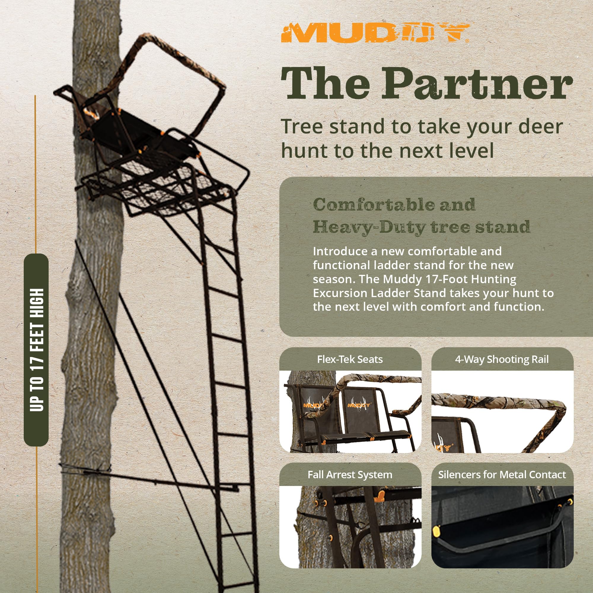 2-Person Muddy Ladder Tree Stand for Deer Hunting, The Partner, 17' Tall, Black - Adjustable Climbing Treestand with Platform, Straps and Safety Harness for Shooting
