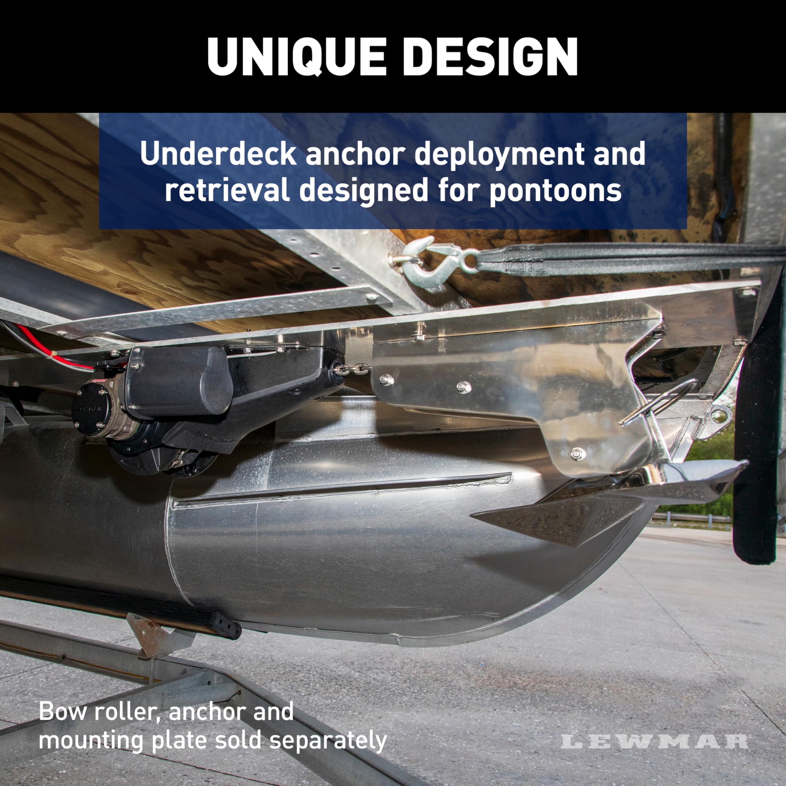 Lewmar Pontoon Anchor Winch Venta, 220 lb. Load Capacity, 92' 3-Strand Rope, 6' Setting Chain, IP66 Rated 400w Motor, Slackline Sensor Cut Off Switch, 88 lb. Ground Tackle, 12V Supply - 69001139