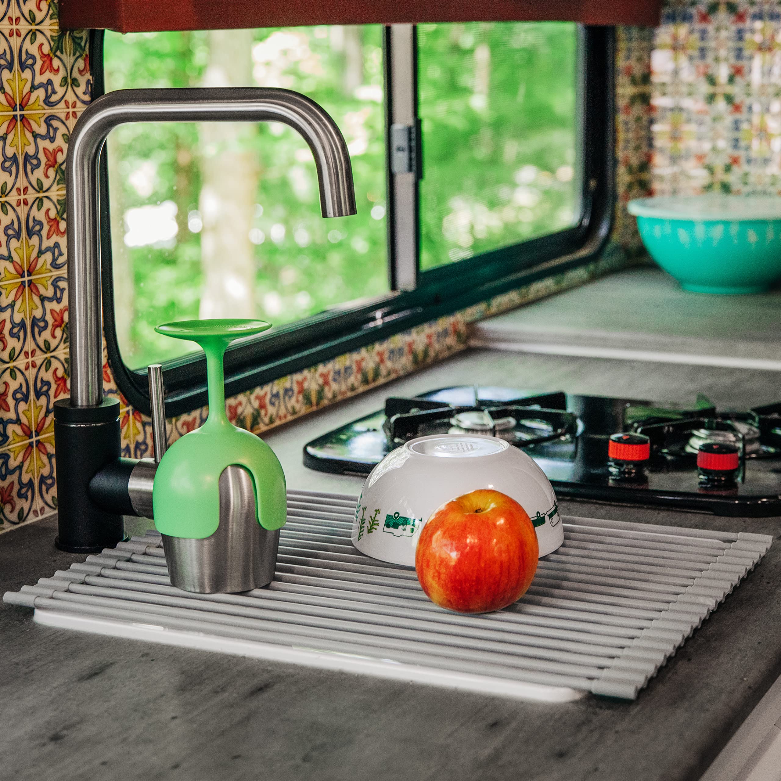 Camco Dish Drying Rack/RV Camper | Features 450°F Heat-Resistant Design & Rolls Up for RV Storage and Organization | Crafted of Galvanized Iron w/Non-Slip Silicone Coating | 20.5” x 13” (45320)