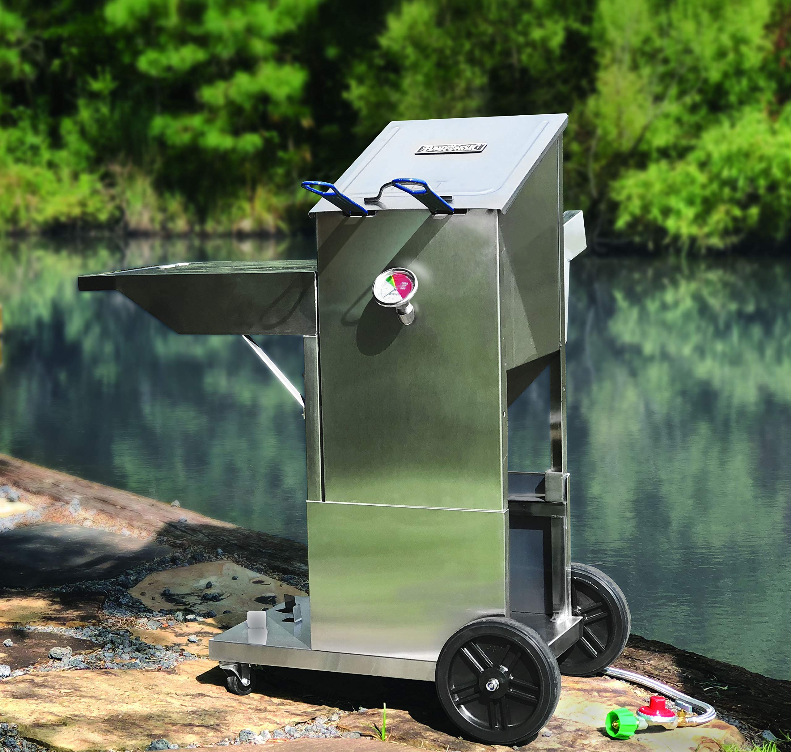 Bayou Classic 700-185 Fryer Cart Stainless Features Rubber Wheels and Locking Casters Hook Mount for Propane Tank Perfect Accessory for 4-gal Fryers