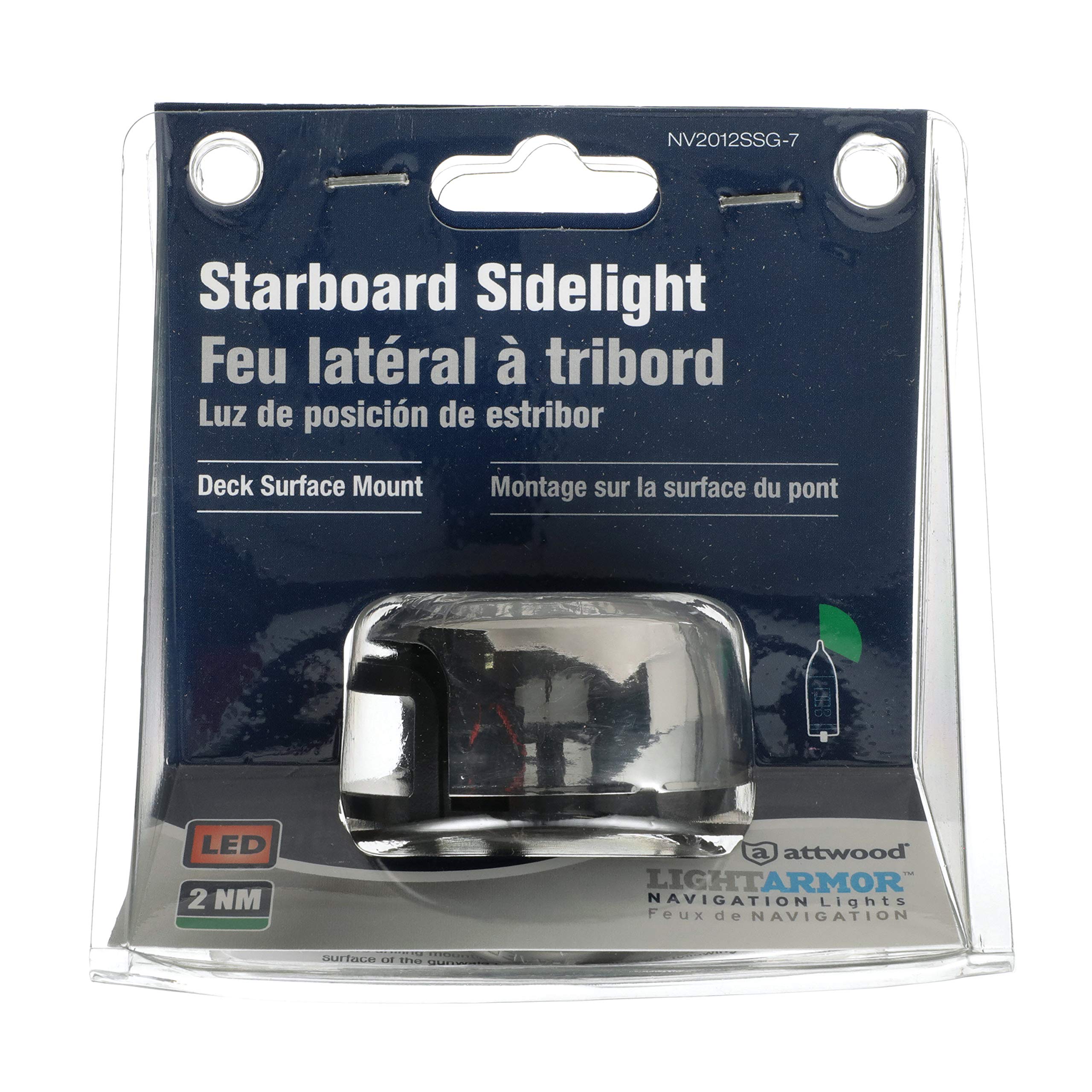 LightArmor Attwood NV2012SSG-7 2-Mile Navigation Deck Mount Sidelight, Green LED Lighting, Round Stainless Housing