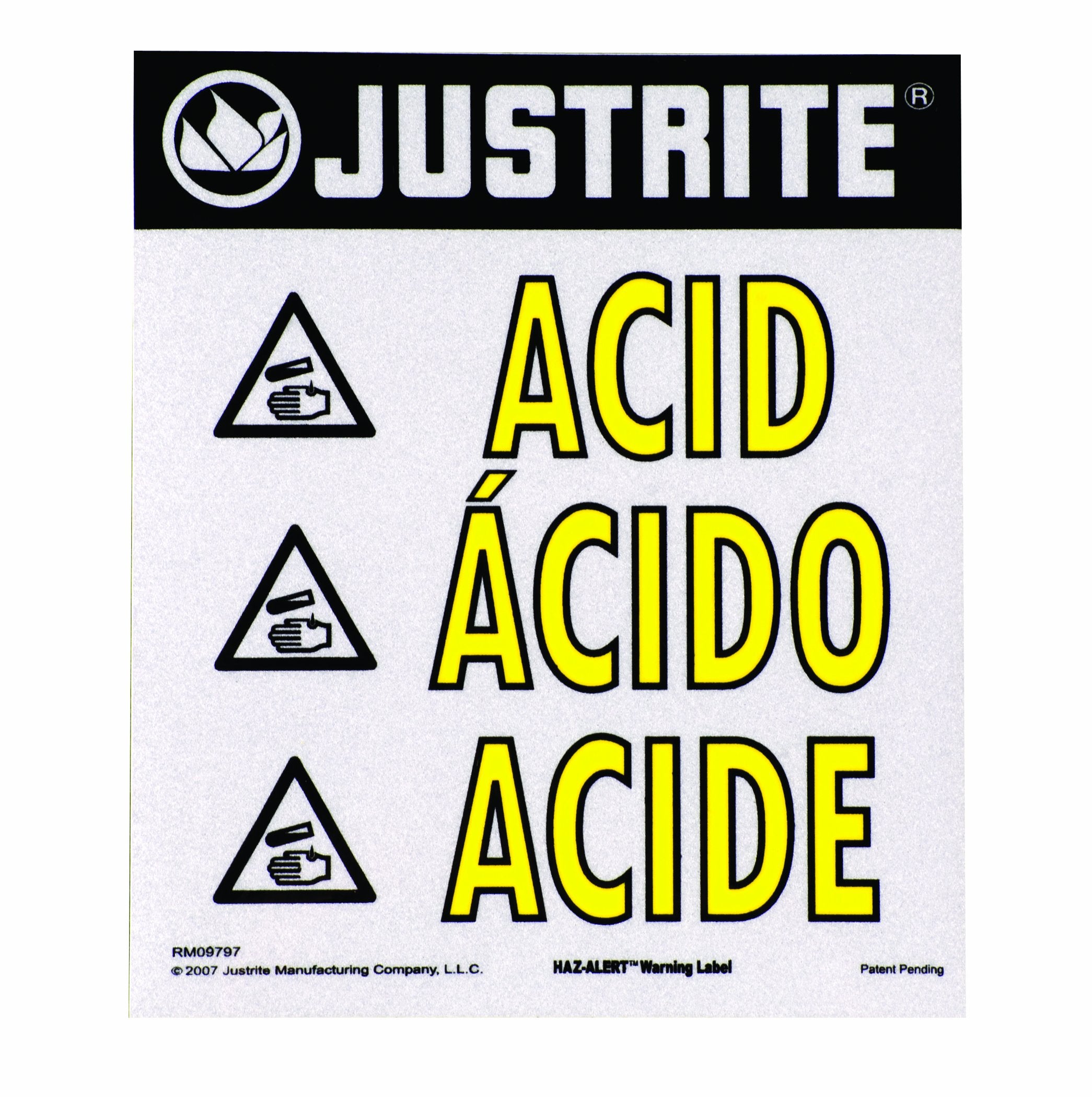Haz-Alert Justrite 29006 Acid Warning Label, 10" Width x 11" Height, Large