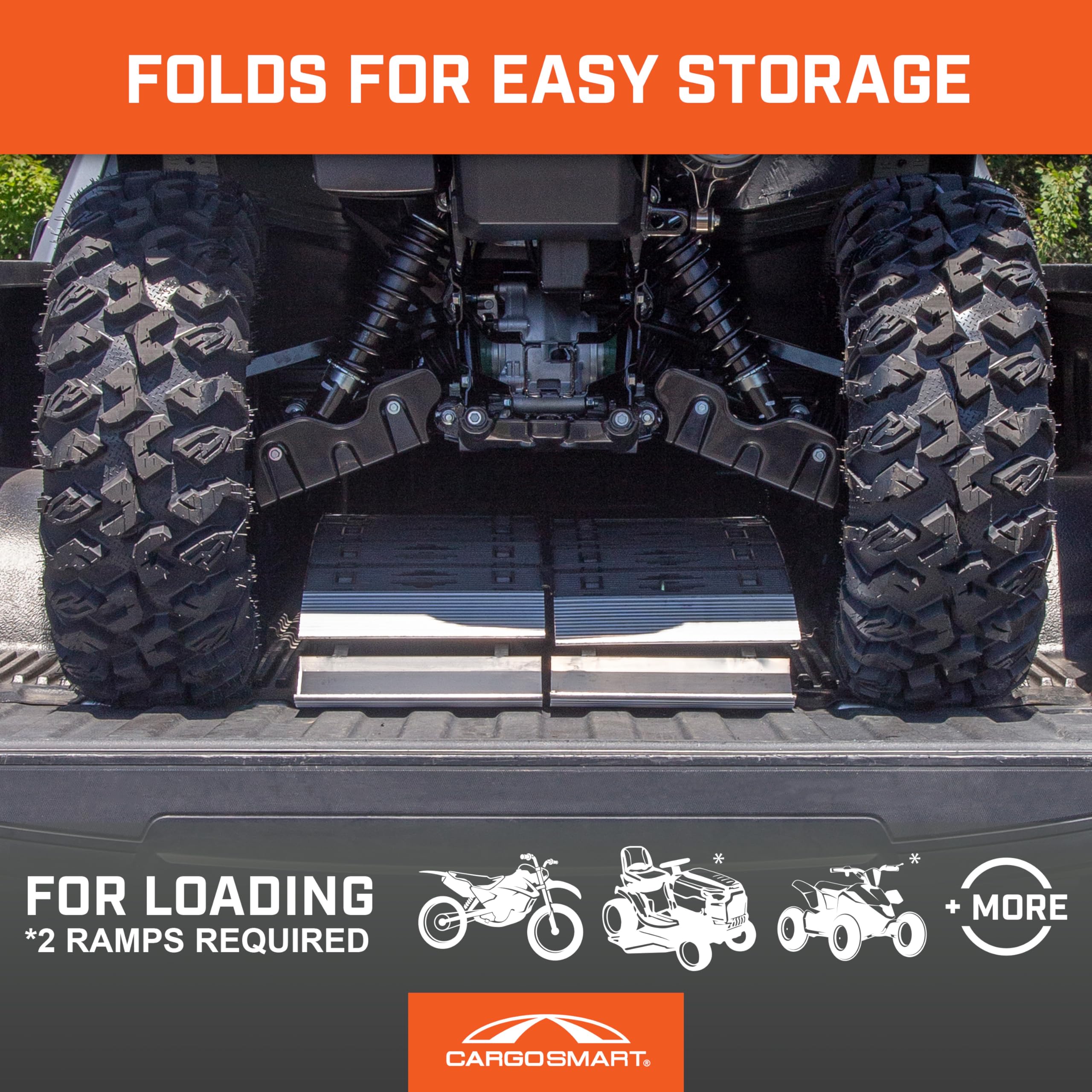 CargoSmart Hybrid LED S-Curve Centerfold Loading Ramp, 1 Pack — 1,500lb Per Pair Capacity, 12” W x 90” L — Aluminum Ramp with Built-in LED Lights, Load/Unload Lawn Equipment, Motorcycles, ATVs & More