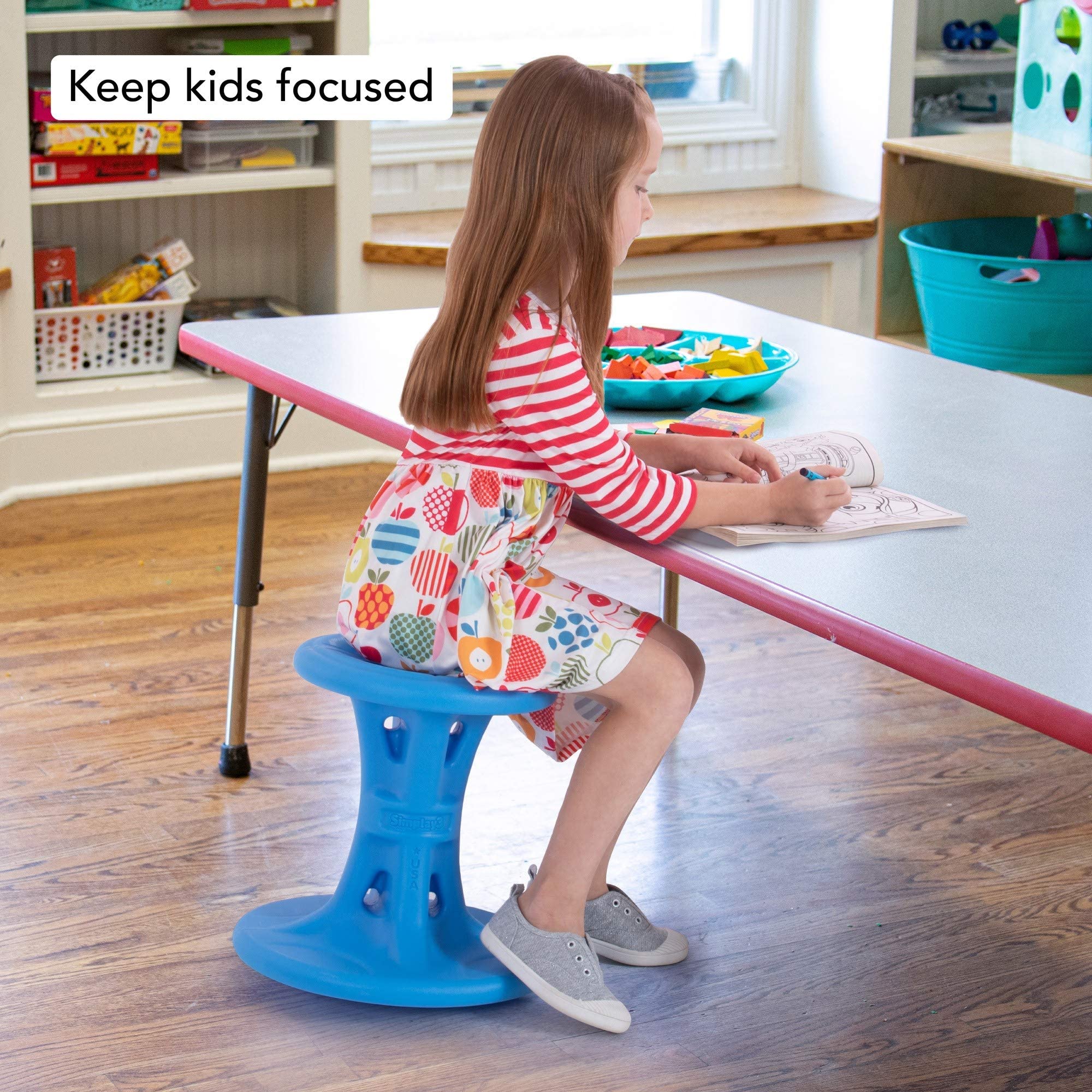 Simplay3 Wiggle/Wobble Play Around Kids Flexible Active Sitting Chair/Stool (Single Stool) to Improve Focus, Posture, Strengthen Core - Ages (5-8) 14 inch Blue - Made in The USA