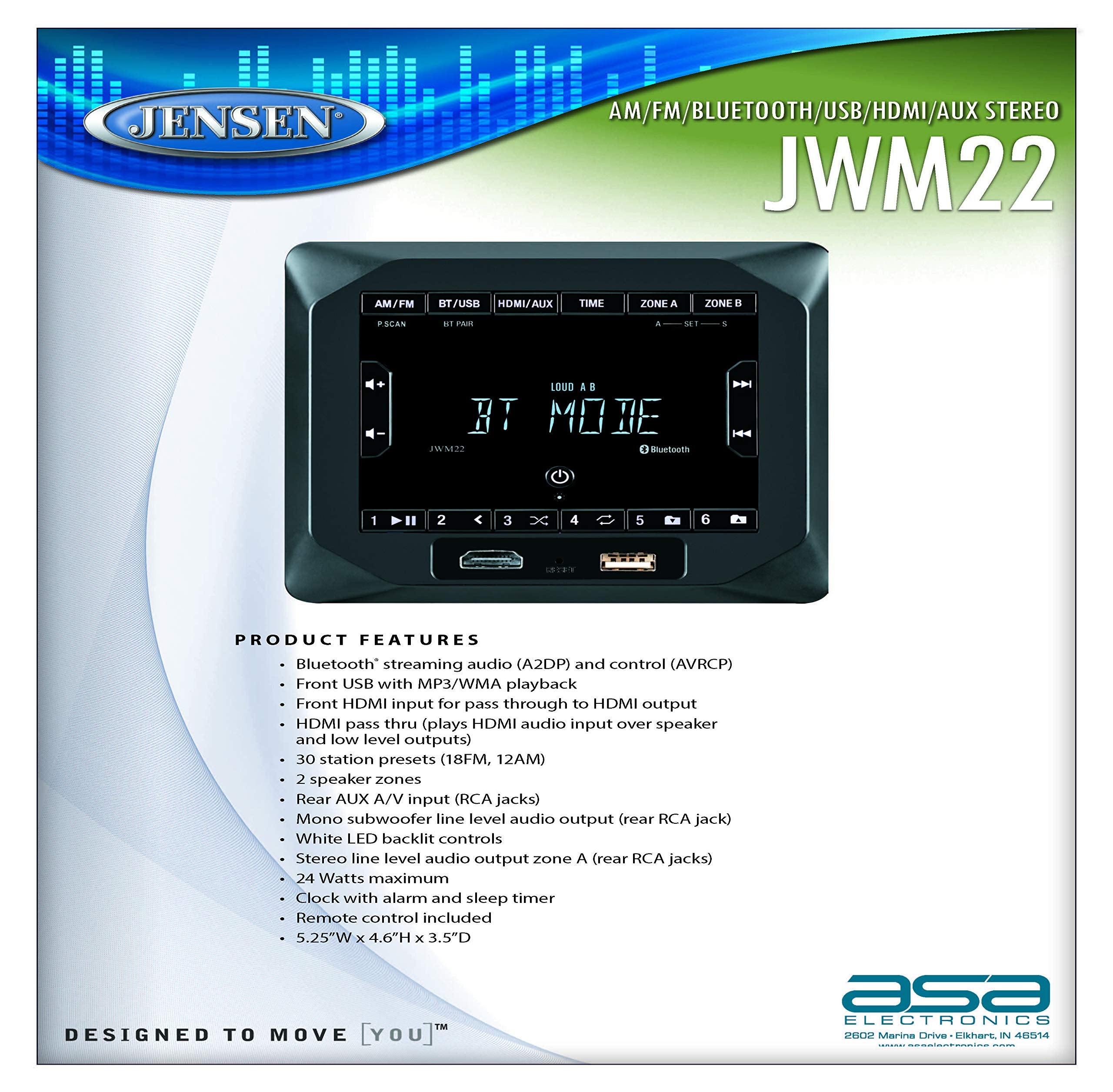 Jensen 2-Speaker JWM22 Zones AM/FM|BT|HDMI|AUX Cube Wall Mount Stereo, Speaker Output 4X 6 Watt, 30 Station Presets (18FM/12AM), Receives Bluetooth Audio (A2DP) and Controls (AVRCP) from Devices