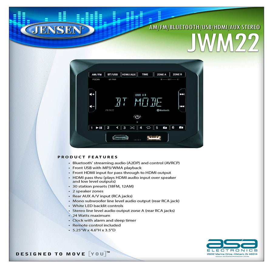 Jensen 2-Speaker JWM22 Zones AM/FM|BT|HDMI|AUX Cube Wall Mount Stereo, Speaker Output 4X 6 Watt, 30 Station Presets (18FM/12AM), Receives Bluetooth Audio (A2DP) and Controls (AVRCP) from Devices