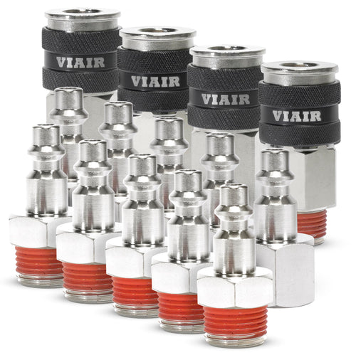 3/8" NPT Couplers M (2) & F (2), Quick Connect Studs 3/8" M (5) & F (5), with ViAIr Logo