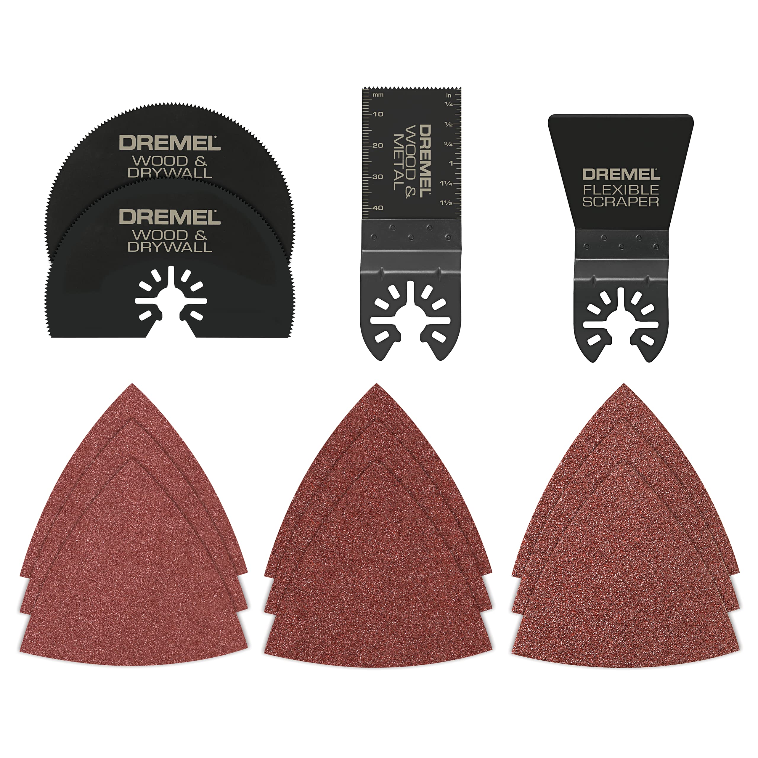 Dremel 13-Piece Oscillating Multi-Tool Accessory Kit MM388, Includes 4 Blades, 9 Wood Sandpaper Sheets, and Reusable Case - Universal Quick-Fit Interface fits Bosch, Makita, Milwaukee, and Rockwell