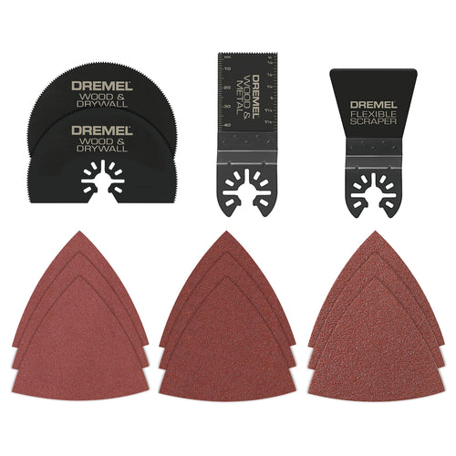 Dremel 13-Piece Oscillating Multi-Tool Accessory Kit MM388, Includes 4 Blades, 9 Wood Sandpaper Sheets, and Reusable Case - Universal Quick-Fit Interface fits Bosch, Makita, Milwaukee, and Rockwell