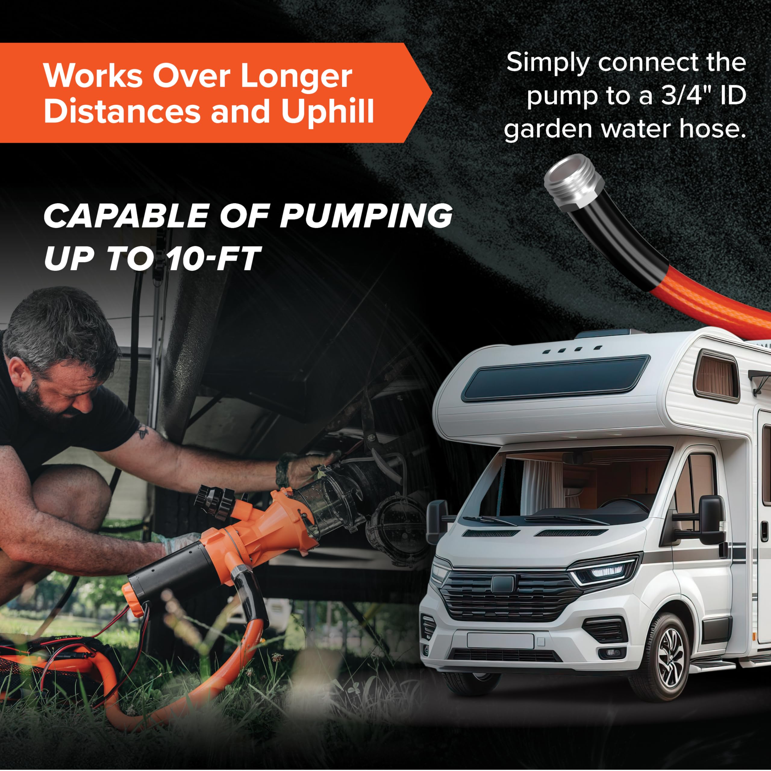 Camco Rhino Sewer Camper/RV Macerator Pump System - VortexCore Technology Grinds Sewer Waste into 1/8” Pieces - Versatile for Any Location - 4-in1 Adapter, Self-Priming Pump & 15’ Water Hose (39040)