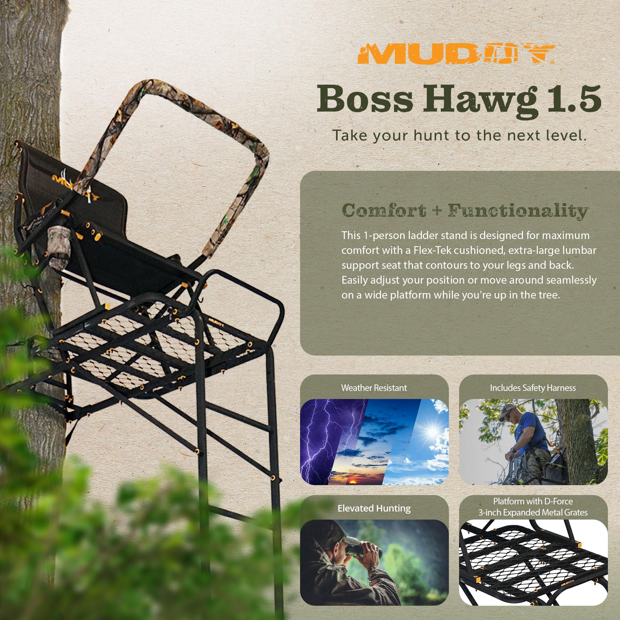 Muddy 1.5 Boss Hawg Deer Hunting Ladderstand, 17 Foot 1 Person Climbing Tree Stand with Lumbar Seat and Expanded D-Force Metal Platform