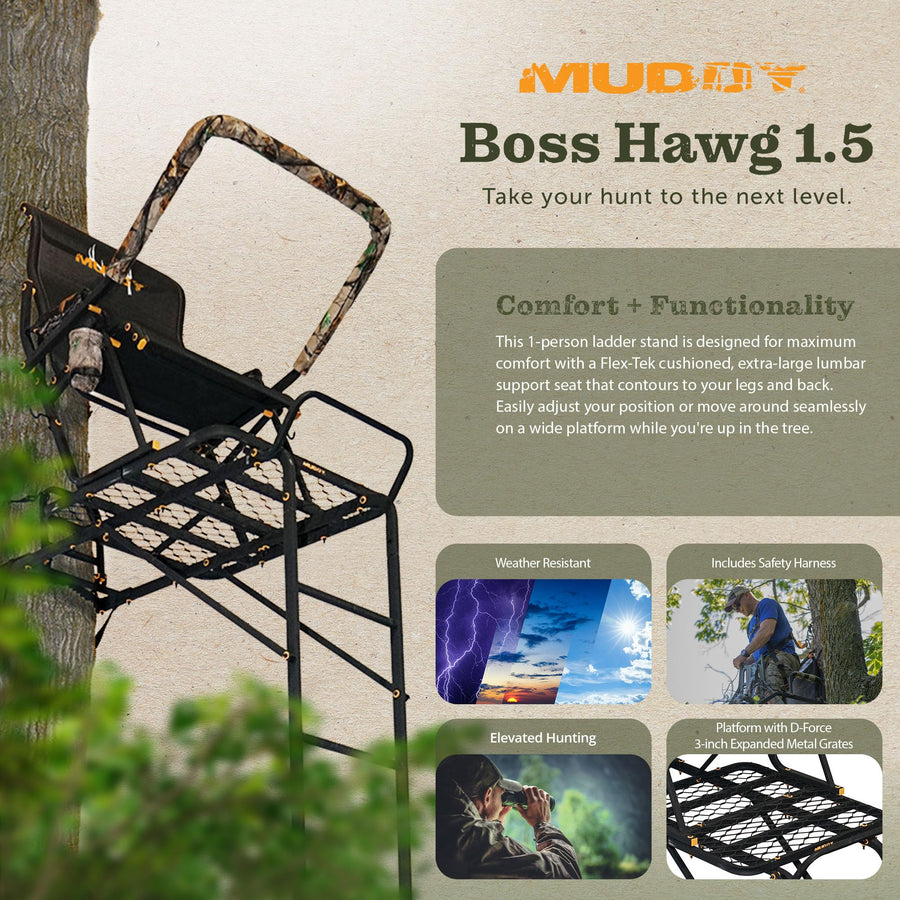 Muddy 1.5 Boss Hawg Deer Hunting Ladderstand, 17 Foot 1 Person Climbing Tree Stand with Lumbar Seat and Expanded D-Force Metal Platform