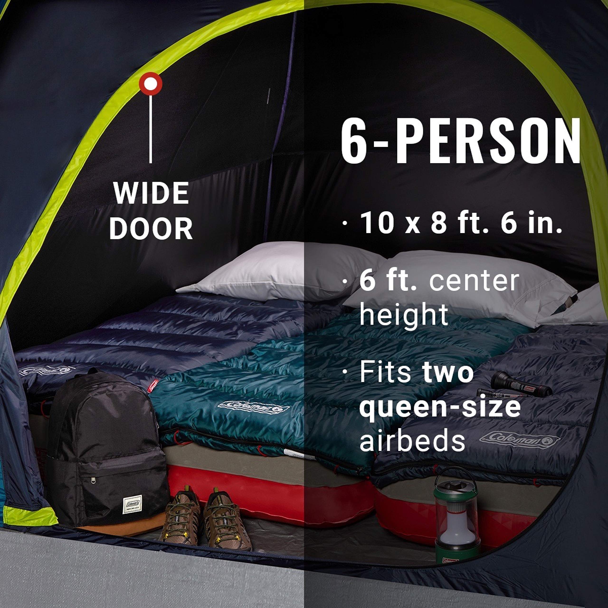 Coleman Skydome 6-Person Dark Room Tent with Rainfly, 5 Minute Setup, Blocks 90% of Sunlight, 20% More Headroom Than Traditional Tents