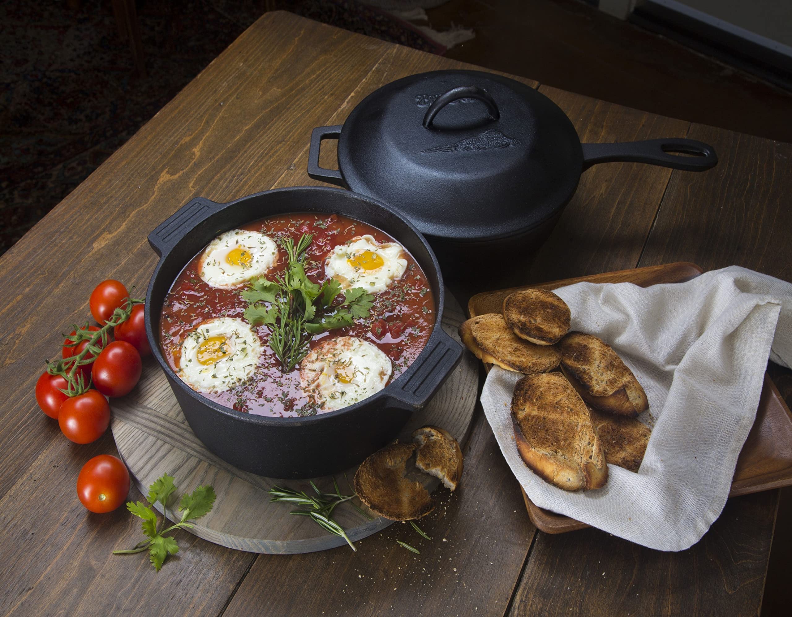 3-pc Bayou Classic Cast Iron Cookware Set Features 3-qt Skillet and 4-qt Pot w/Interchangeable Domed Basting Lid Perfect for Searing Braising Slow Simmering Soups Baking Apple Pie and Cobbler