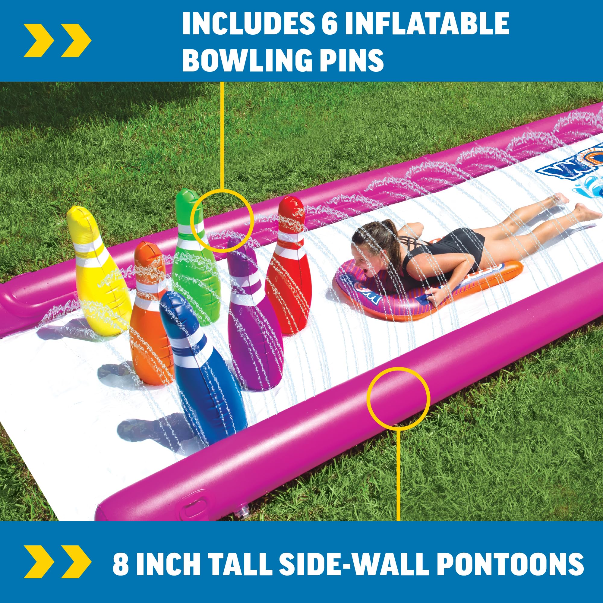 Strike Zone WOW Sports - Water Slide 25 Foot Slip n Slide with Inflatable Sides & Sprinklers - Human Bowling Water Slide with Inflatable Pins