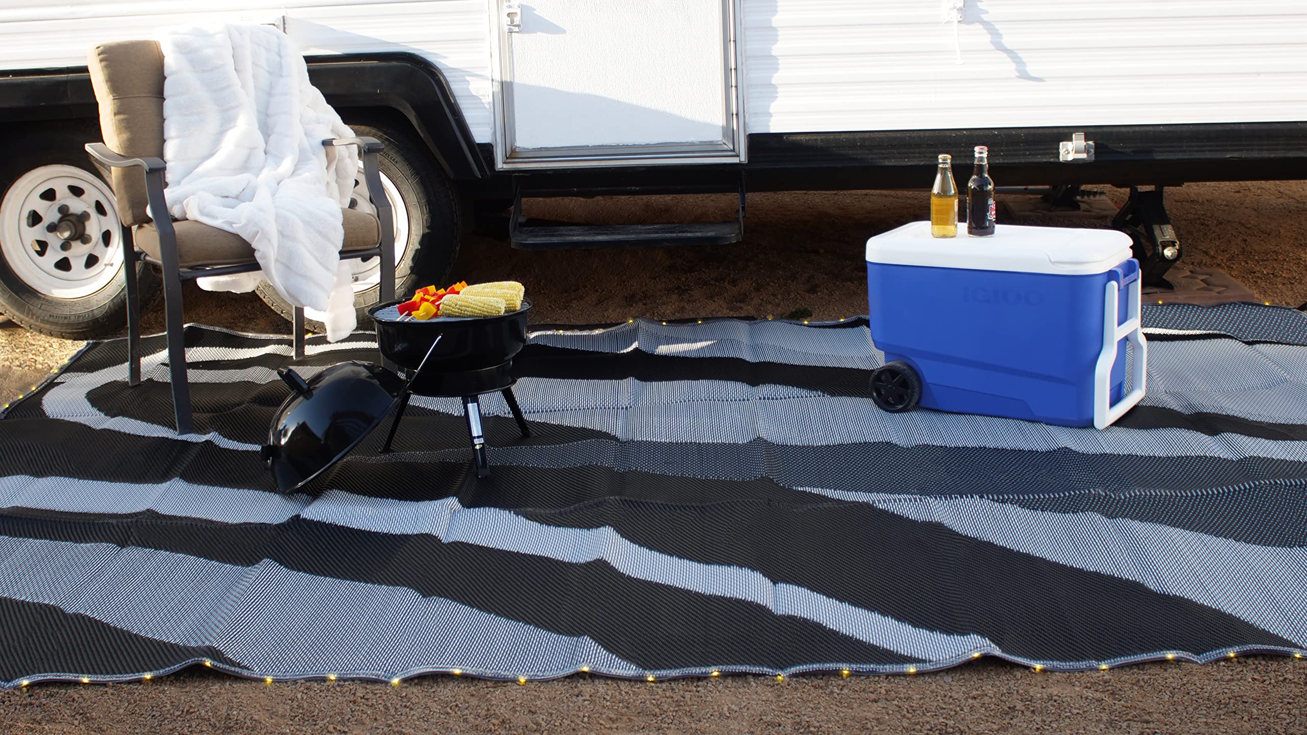 Camping Stylish LED Illuminated Patio Mat - Reversible RV Home Mat, White/Black with LEDs Light, 8x18