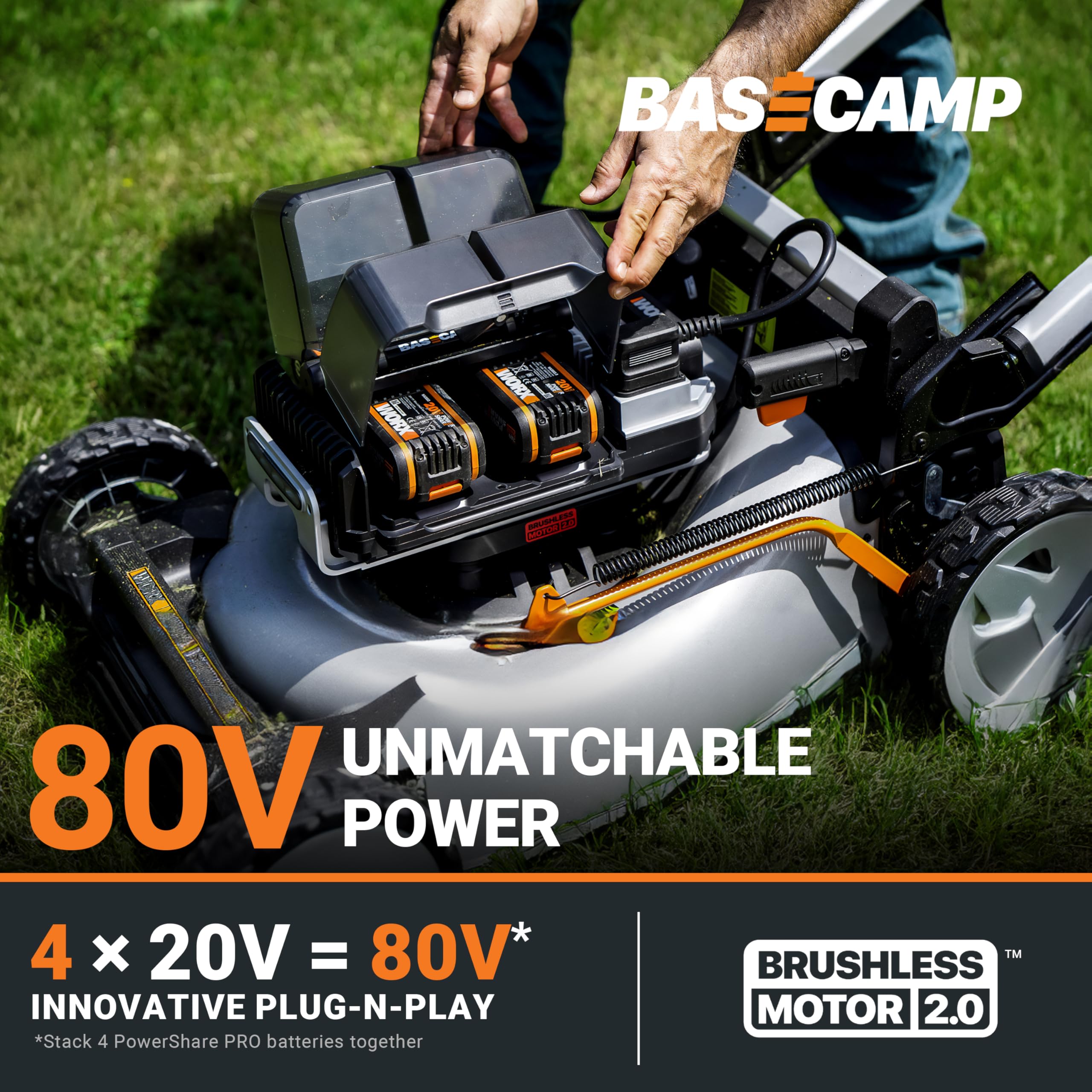 Worx 80V Nitro 21" Cordless Lawn Mower, 3 in 1 Electric Mower with Brushless Motor, Self-Propelled Lawn Mower for 1 Acre, 4 × 5.0 Ah Batteries & Charger Included, WG761