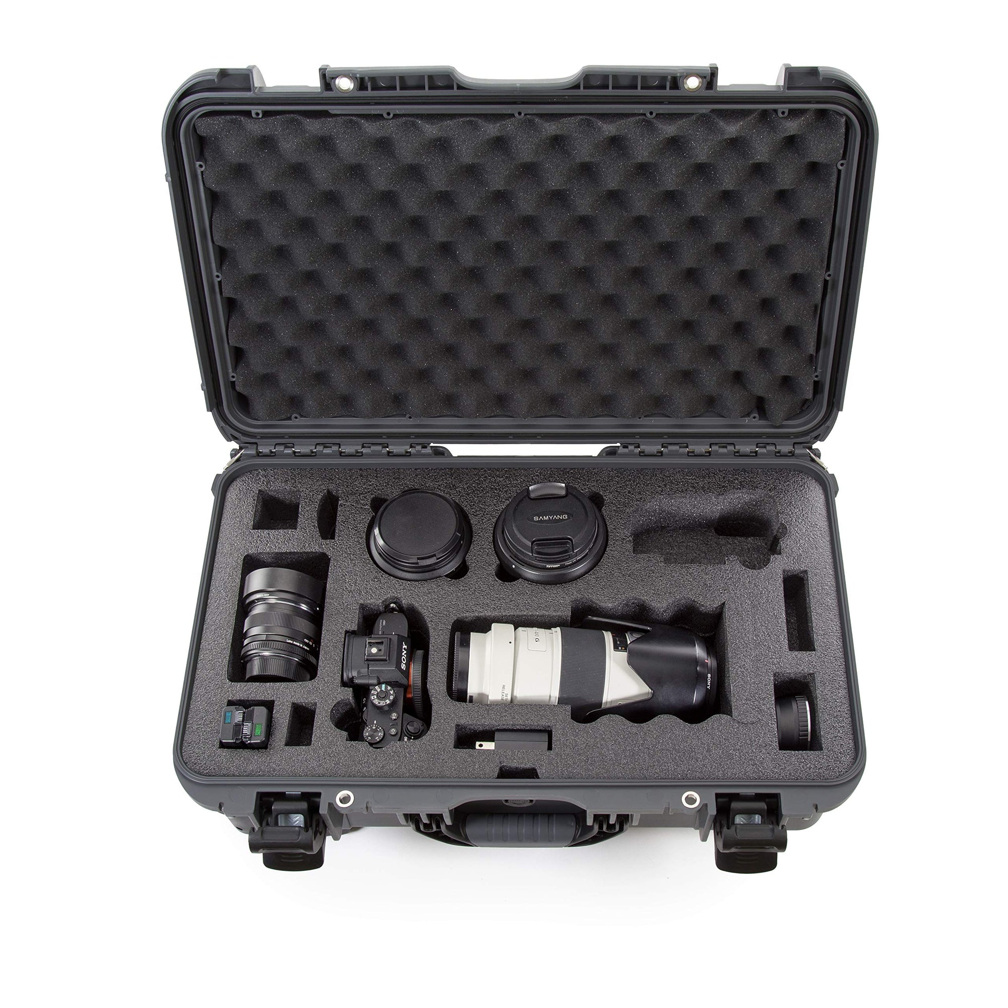 Waterproof Nanuk 935 Carry-On Hard Case with Custom Foam Insert for Sony a7R Size Camera w/Wheels - Graphite