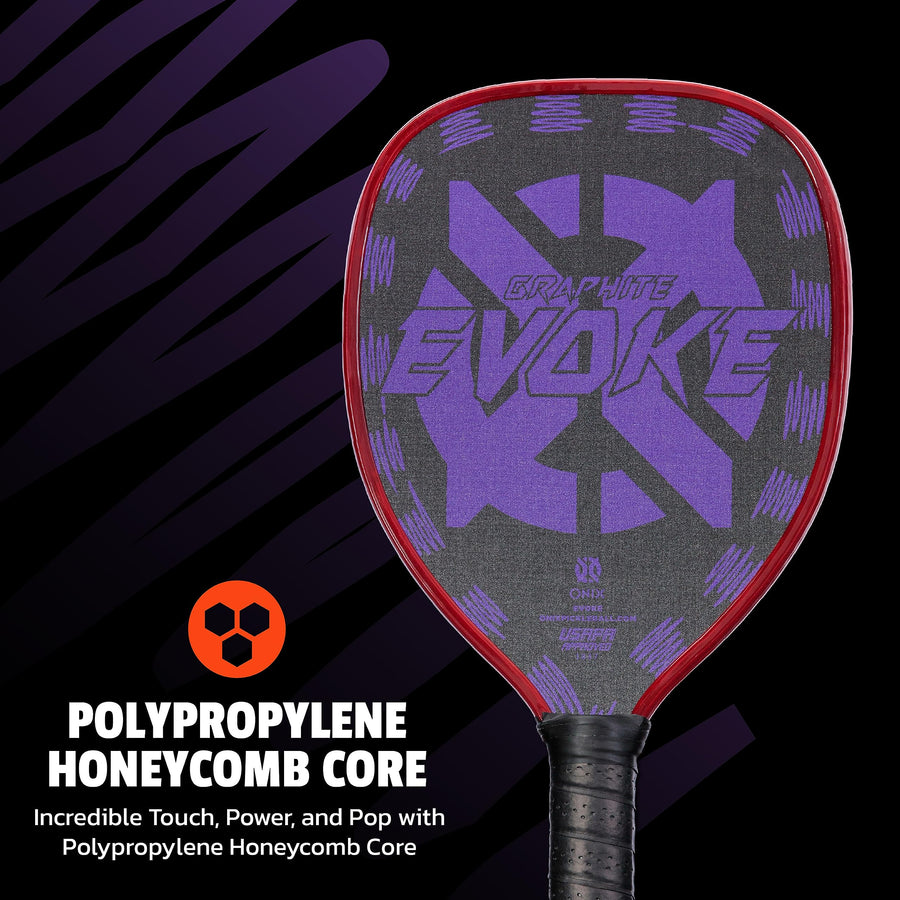 Onix Evoke Graphite Tear Drop Pickleball Paddle Features Tear Drop Shape, Polypropylene Core, and Graphite Face, Purple