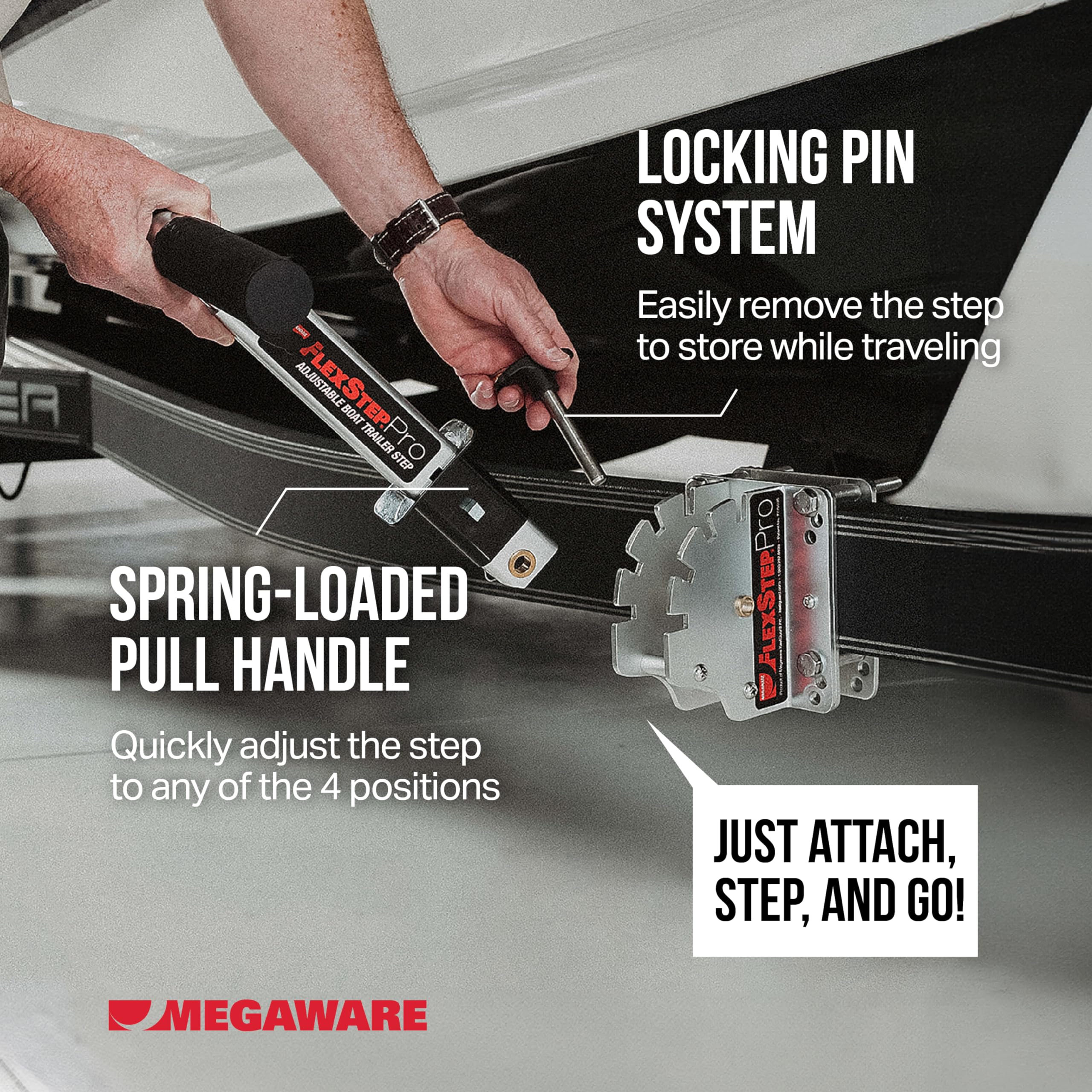 FlexStep Pro MEGAWARE KEELGUARD Boat Trailer Step, 16 Adjustable Positions, 300-lb Capacity, Lightweight Marine-Grade Aluminum, Mounts Easily, Non-Slip Grip, Quick Detach Feature for Storing