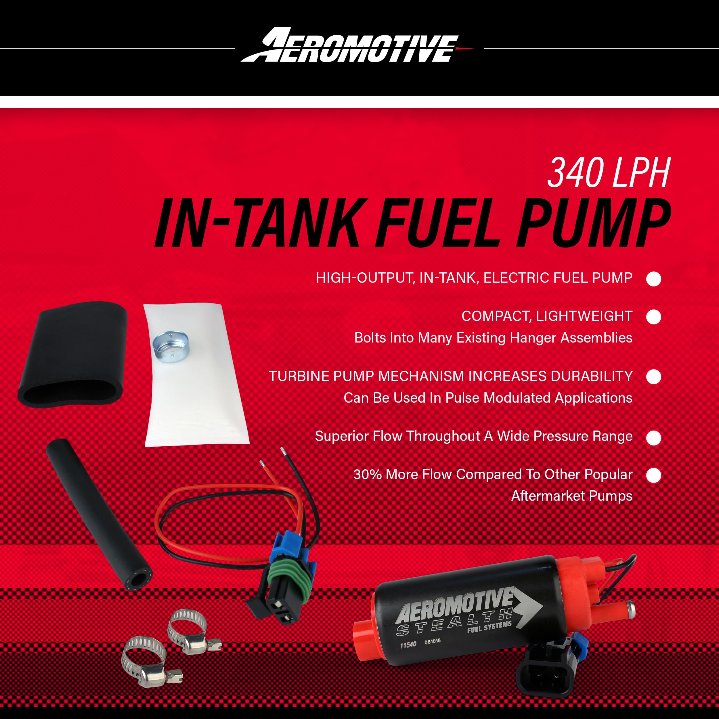 340 Series Aeromotive Stealth Intank Fuel Pump, High Horsepower, 12V Electric, EFI and Carbureted Engines, Gas or E85 Fuel Type, Center Inlet