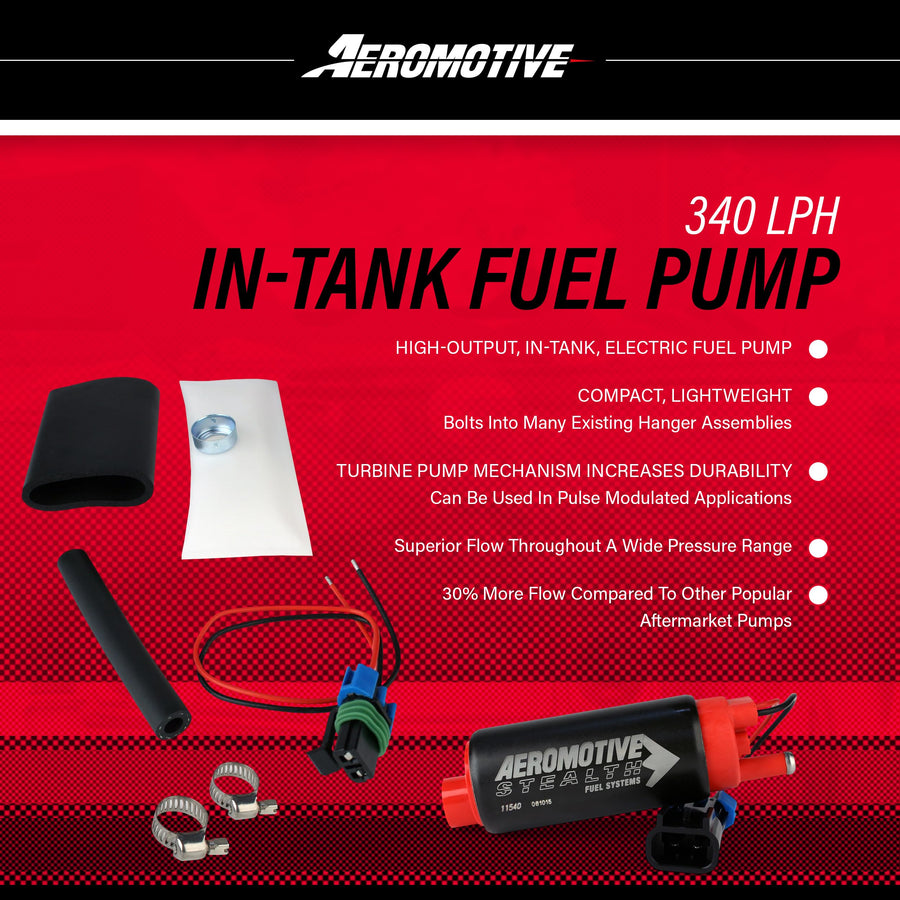 340 Series Aeromotive Stealth Intank Fuel Pump, High Horsepower, 12V Electric, EFI and Carbureted Engines, Gas or E85 Fuel Type, Center Inlet