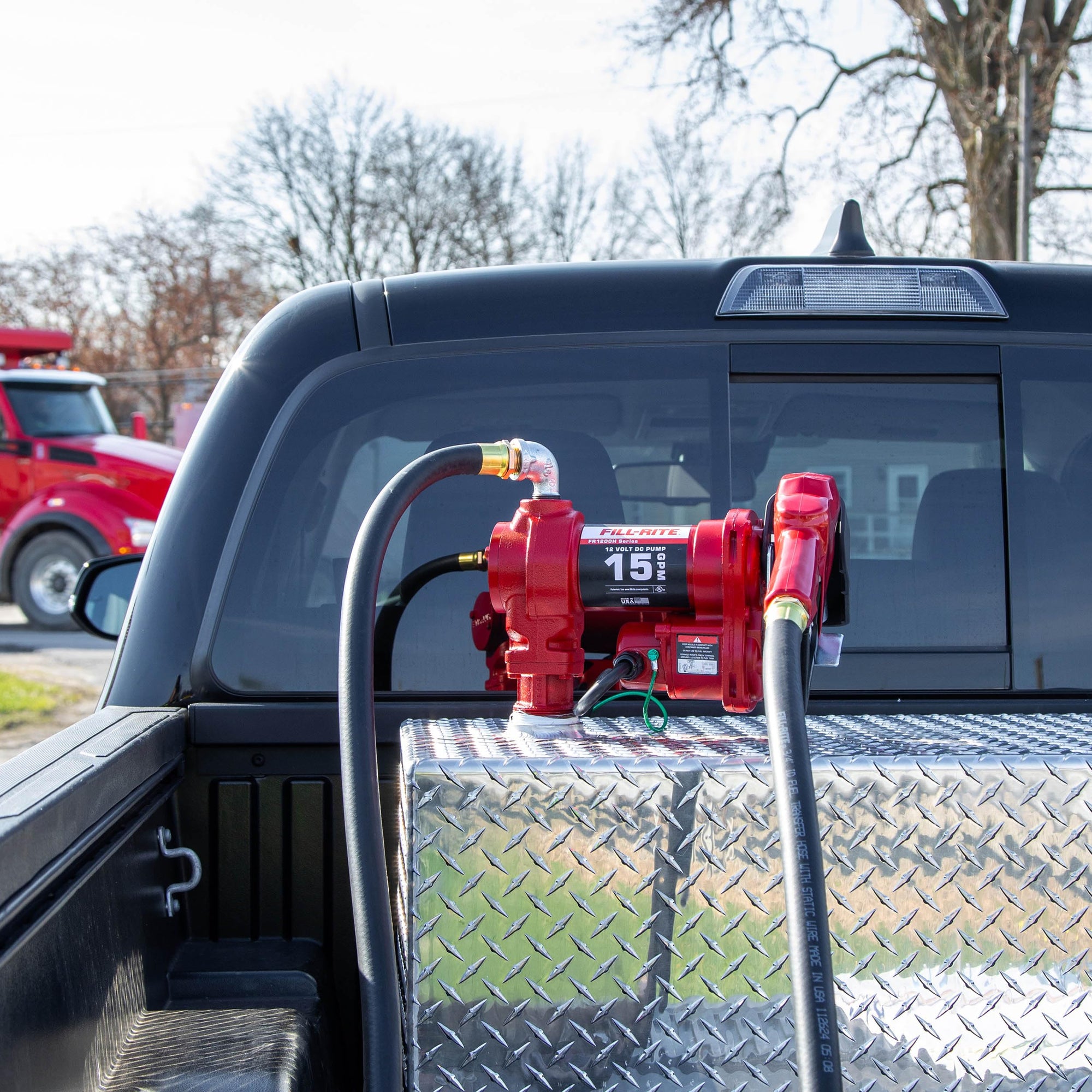 Fill-Rite 12V FR1210HA 15 GPM Fuel Transfer Pump with Discharge Hose & Automatic Nozzle, Red | Gasoline, Diesel, Kerosene, Ethanol & Methanol Blends & Biodiesel
