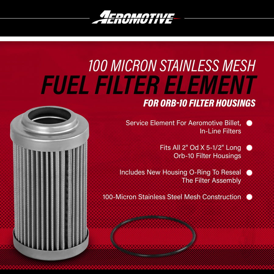 Replacement Aeromotive 12604 Fuel Filter Element, 100-Micron Rating, Stainless Steel Mesh, Fits all 2" OD ORB-10 Filter Housings